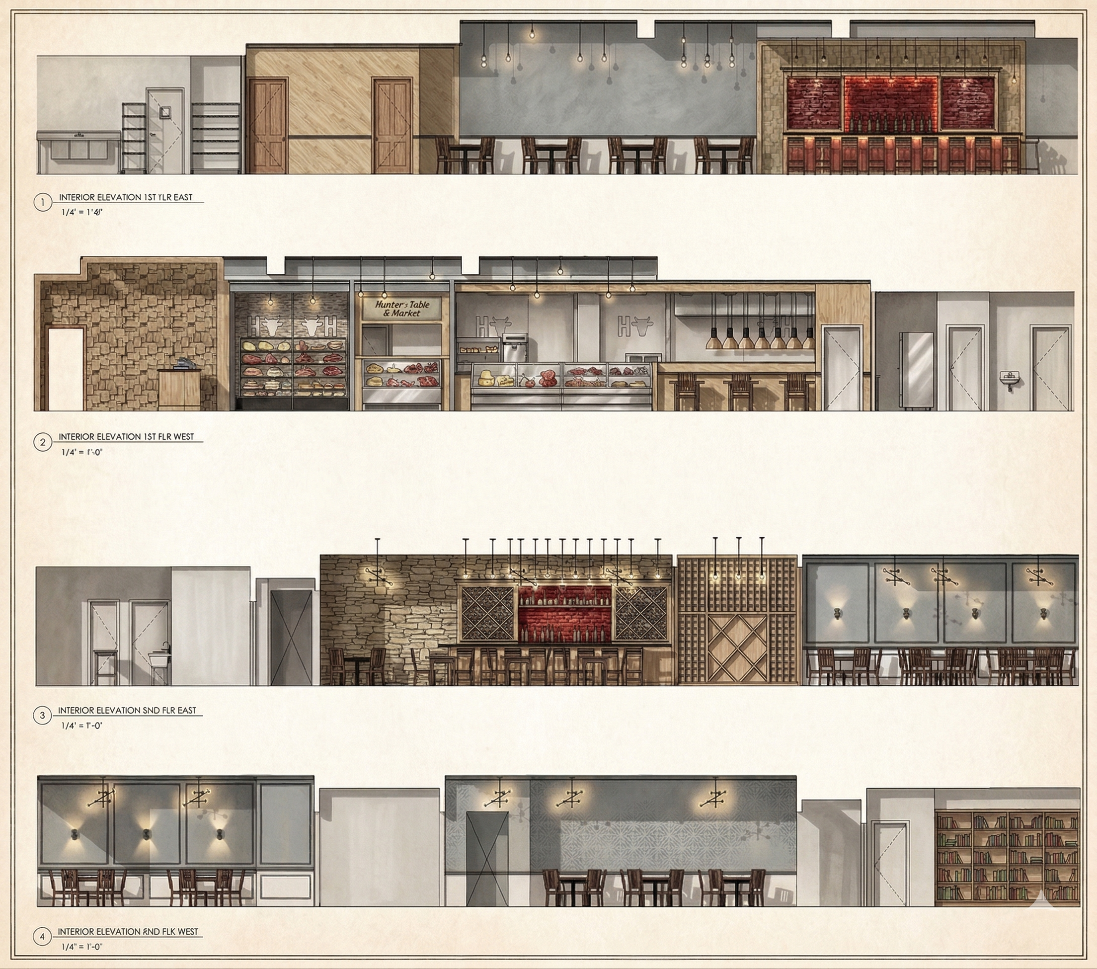 Architectural interior design blueprint showing multiple room elevations with furniture, lighting, and wall details for a restaurant or bar.