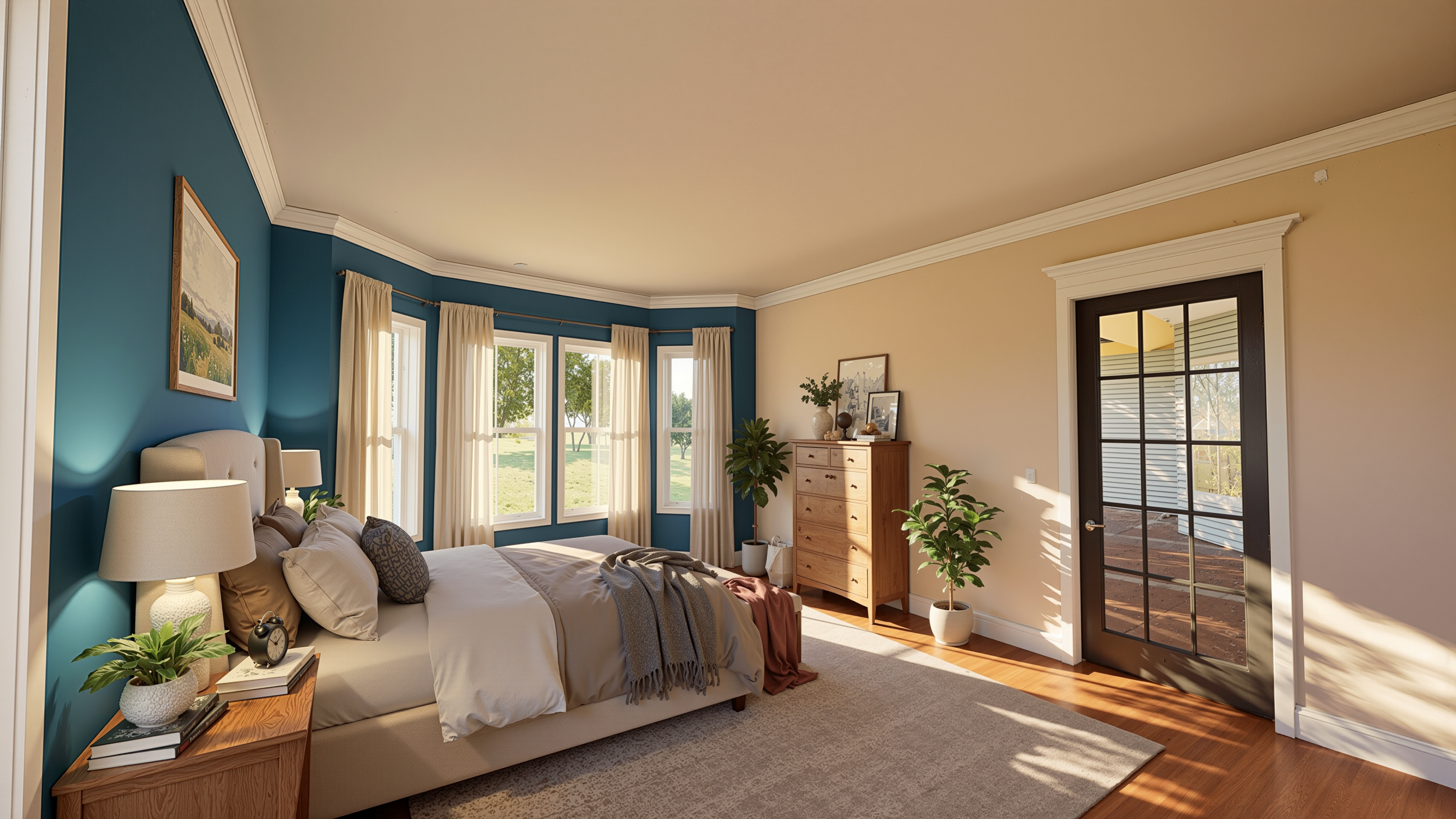 A bright bedroom with a bed, nightstand, dresser, and potted plants, featuring a blue accent wall and multiple windows with cream curtains.
