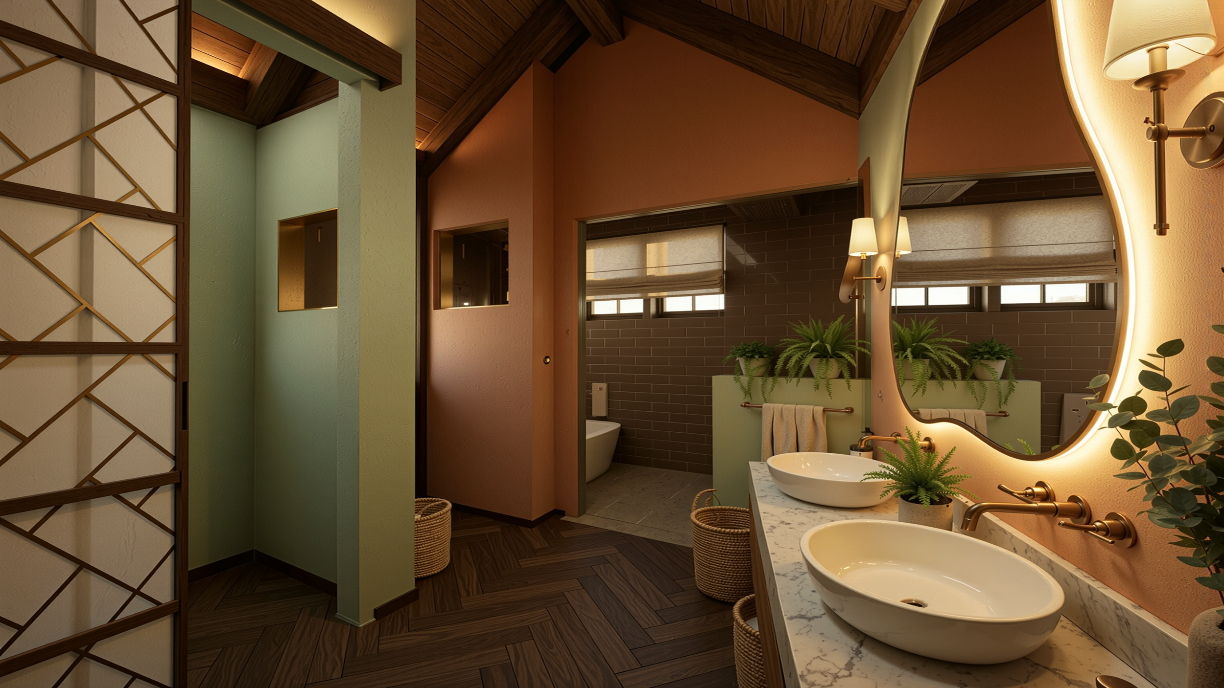 Modern bathroom with double marble sinks, oval mirror with backlight, plants, wicker baskets, and a separate room with a bathtub and towels.