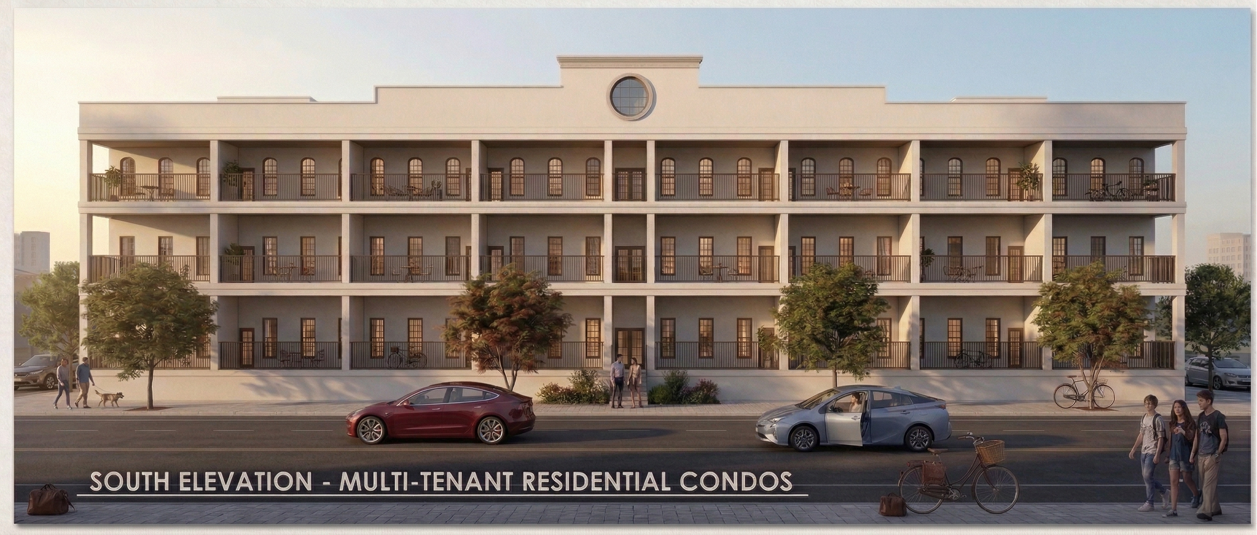 Digital rendering of the south elevation of multi-tenant residential condos with three floors, balconies, and large windows, set against a clear sky with trees and pedestrians, cars, and bicycles in the foreground.