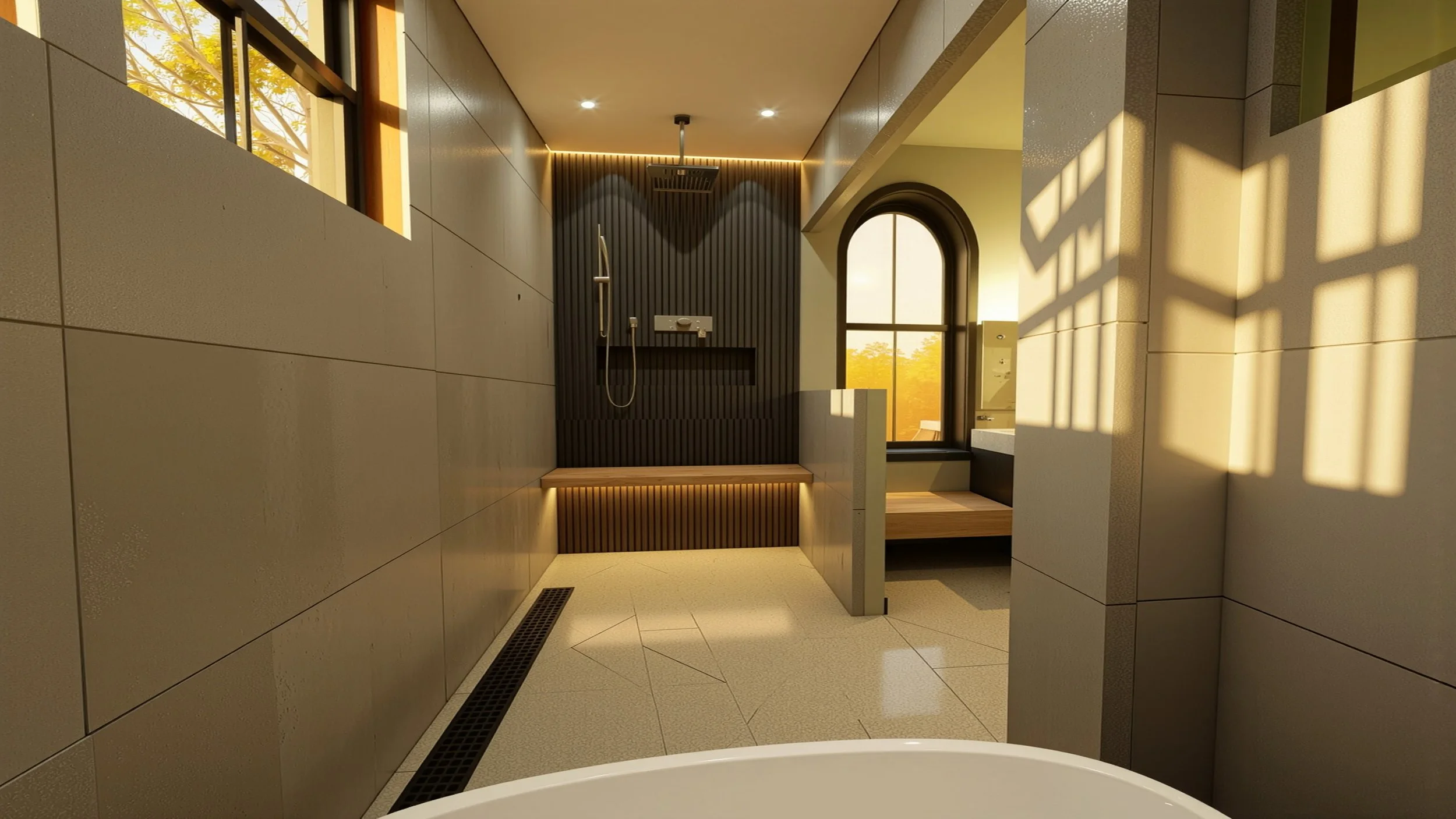 Modern bathroom with a walk-in shower featuring black textured wall, wooden bench, large window with natural light, and a freestanding bathtub.