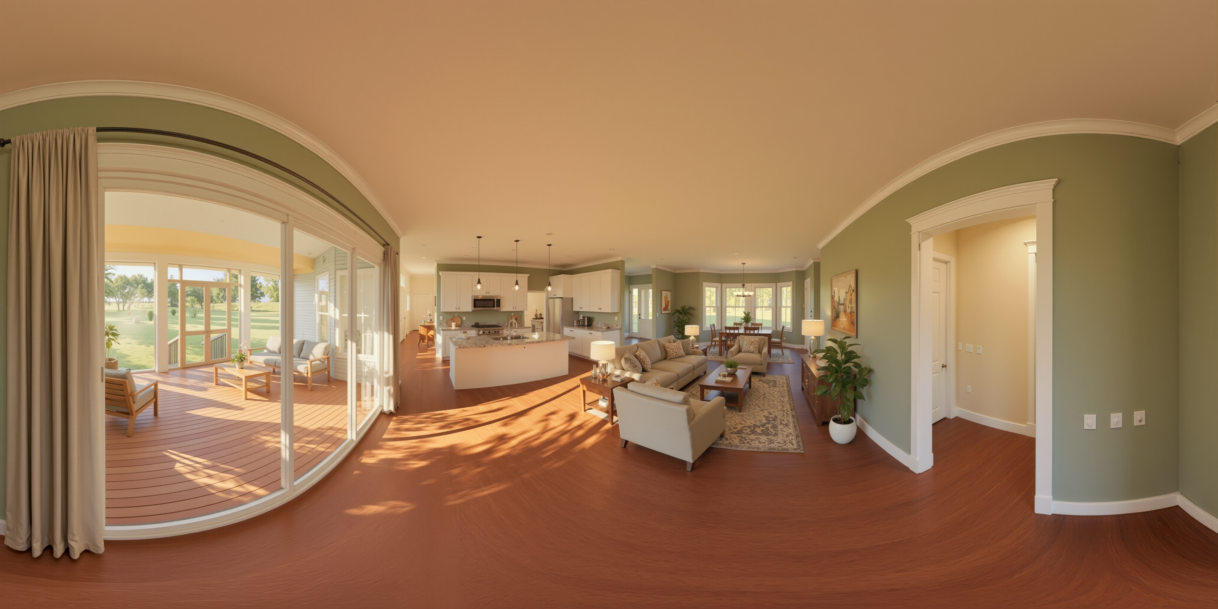 Spacious open-plan living room and kitchen with large windows, hardwood floors, green walls, and outdoor patio with seating.