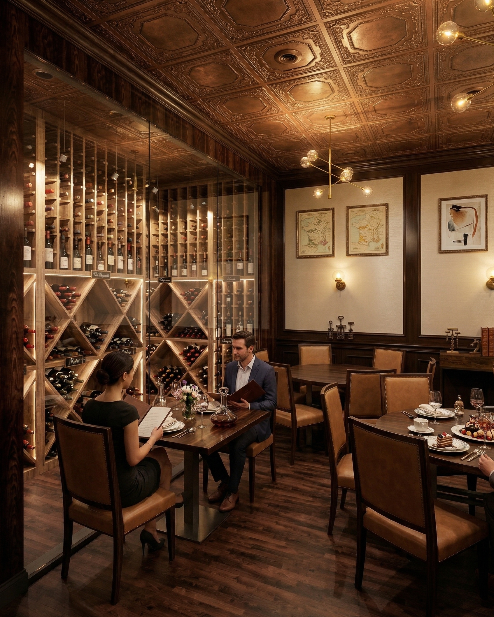 A cozy wine cellar dining room with wooden paneling and a wine rack, featuring a man and woman sitting at a table with menus, surrounded by styled tables with plates, glasses, and desserts.