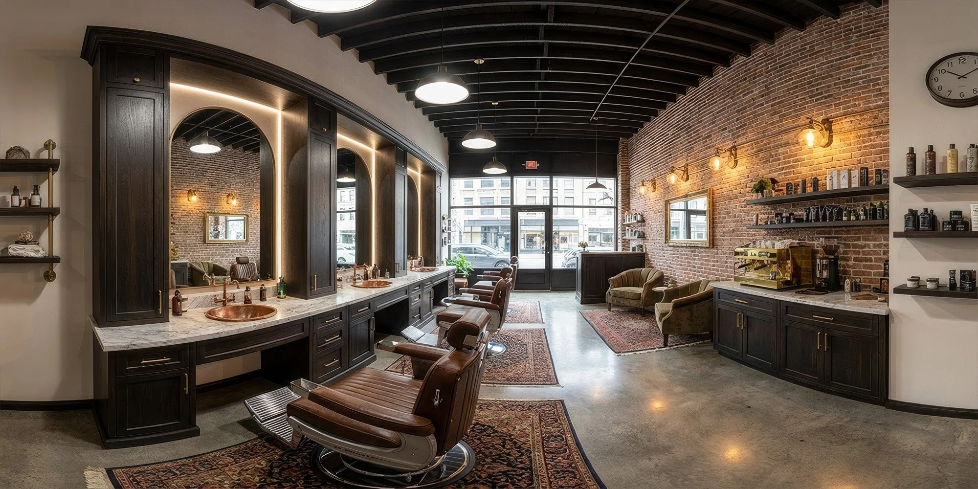 Interior of a vintage-style barbershop with dark wood cabinetry, large mirrors, barber chairs, exposed brick walls, and warm lighting.
