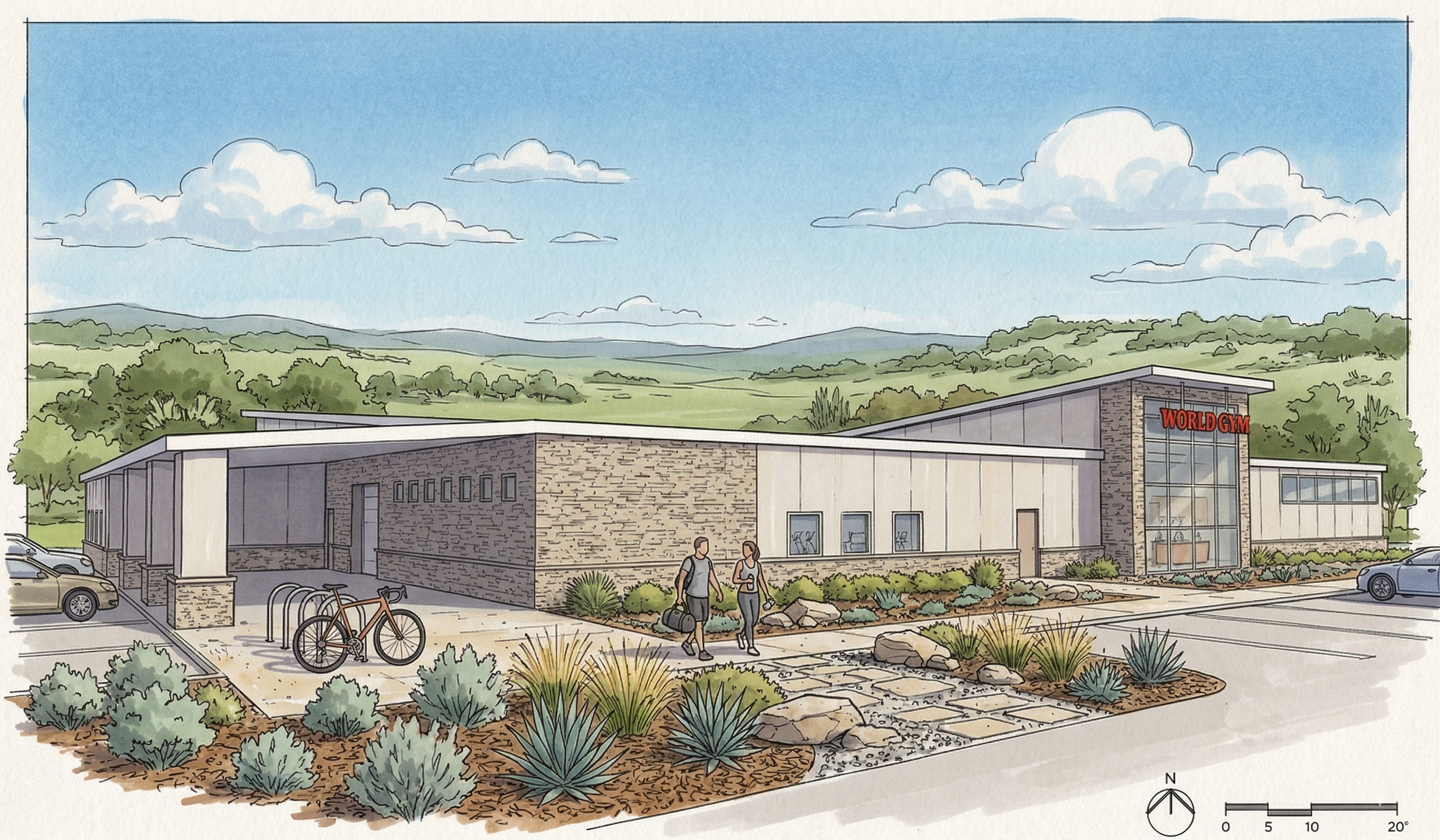 Illustration of a gym building called 'World Gym' with parking lot, cars, bicycles, and people walking outside on a sunny day with mountains and trees in the background.
