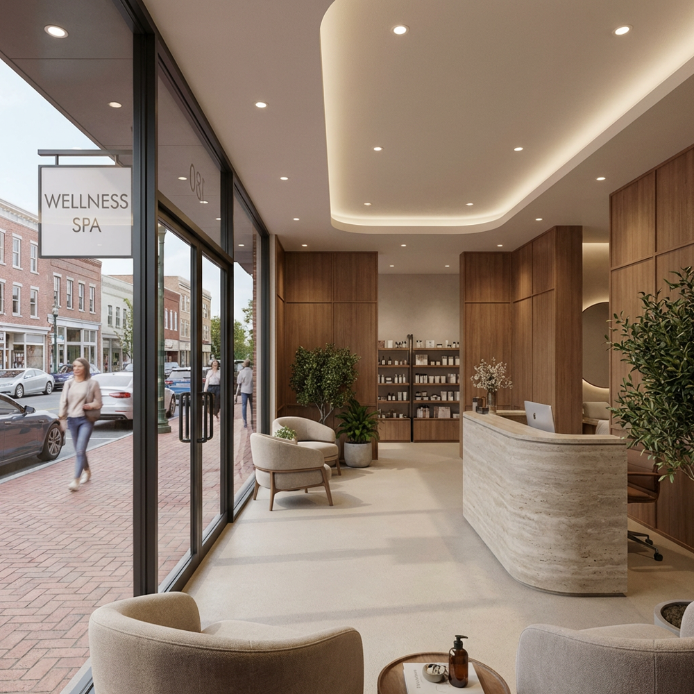 Modern wellness spa reception area with a curved marble front desk, wooden wall panels, potted plants, and comfortable beige chairs, with large glass windows showing a street with pedestrians and parked cars.