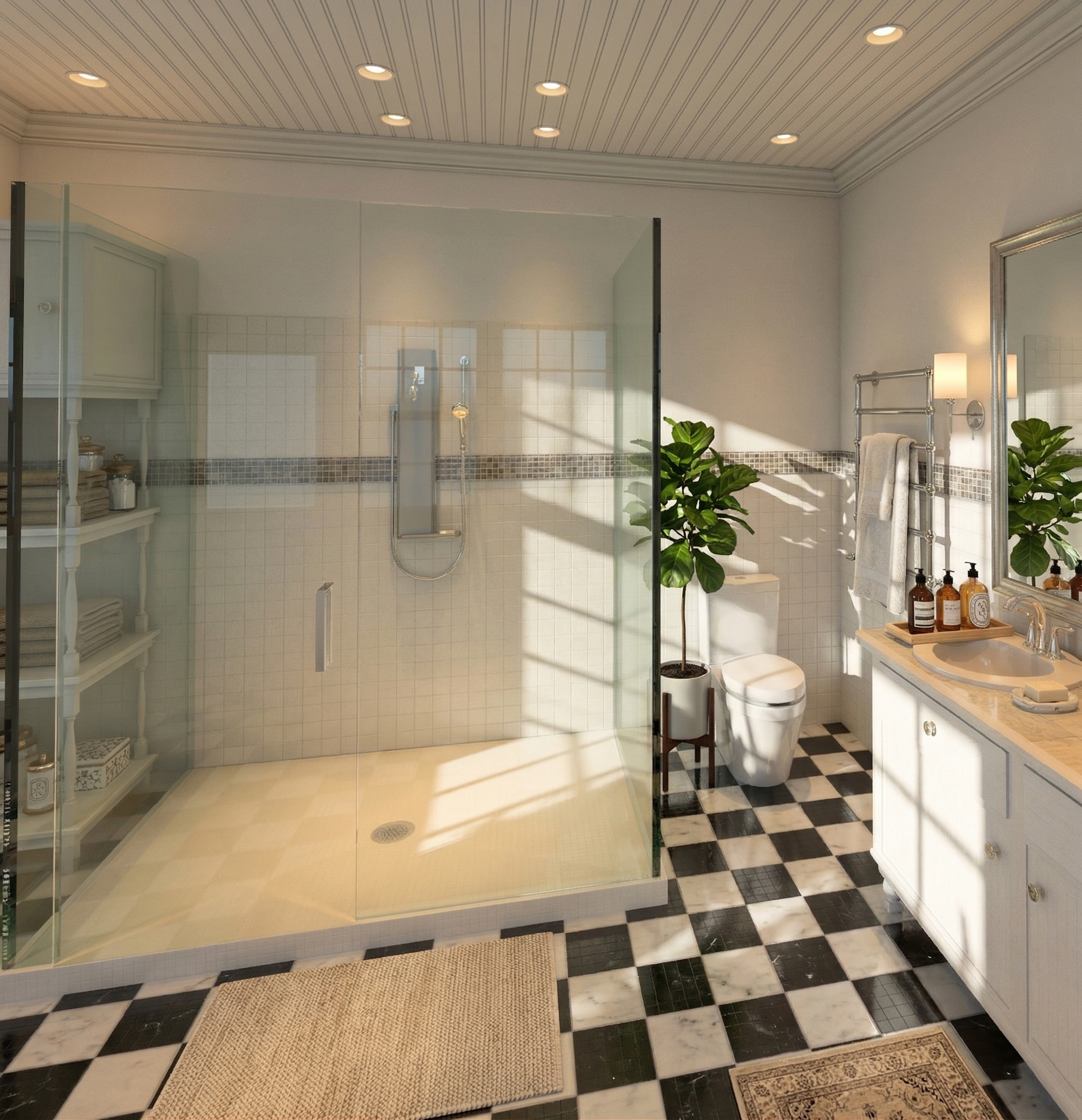 A well-lit bathroom with a walk-in shower, a white toilet, a white vanity with a beige countertop, a large mirror, and potted plants, all on a black and white checkered floor.