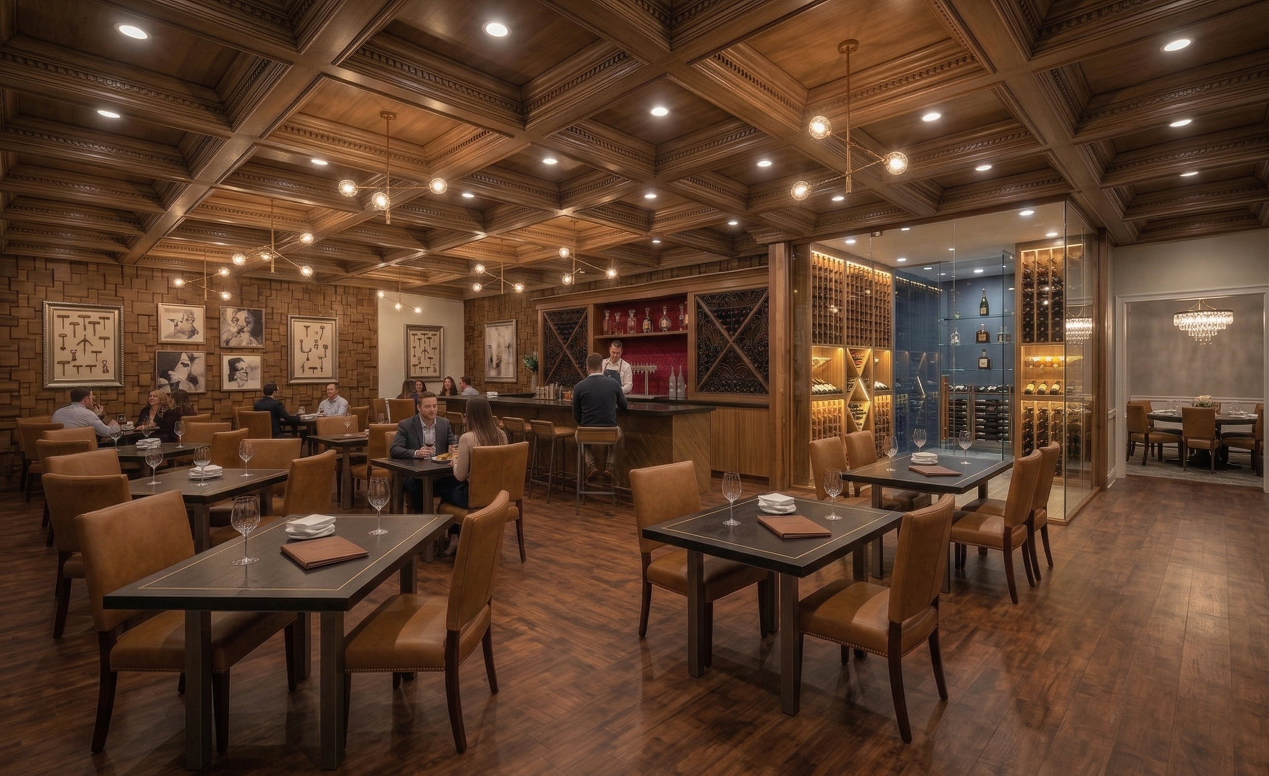 Elegant restaurant interior with wooden ceiling and walls, tables set with wine glasses and napkins, some patrons seated and enjoying drinks, wine storage area with glass walls, and a bar with a bartender serving customers.