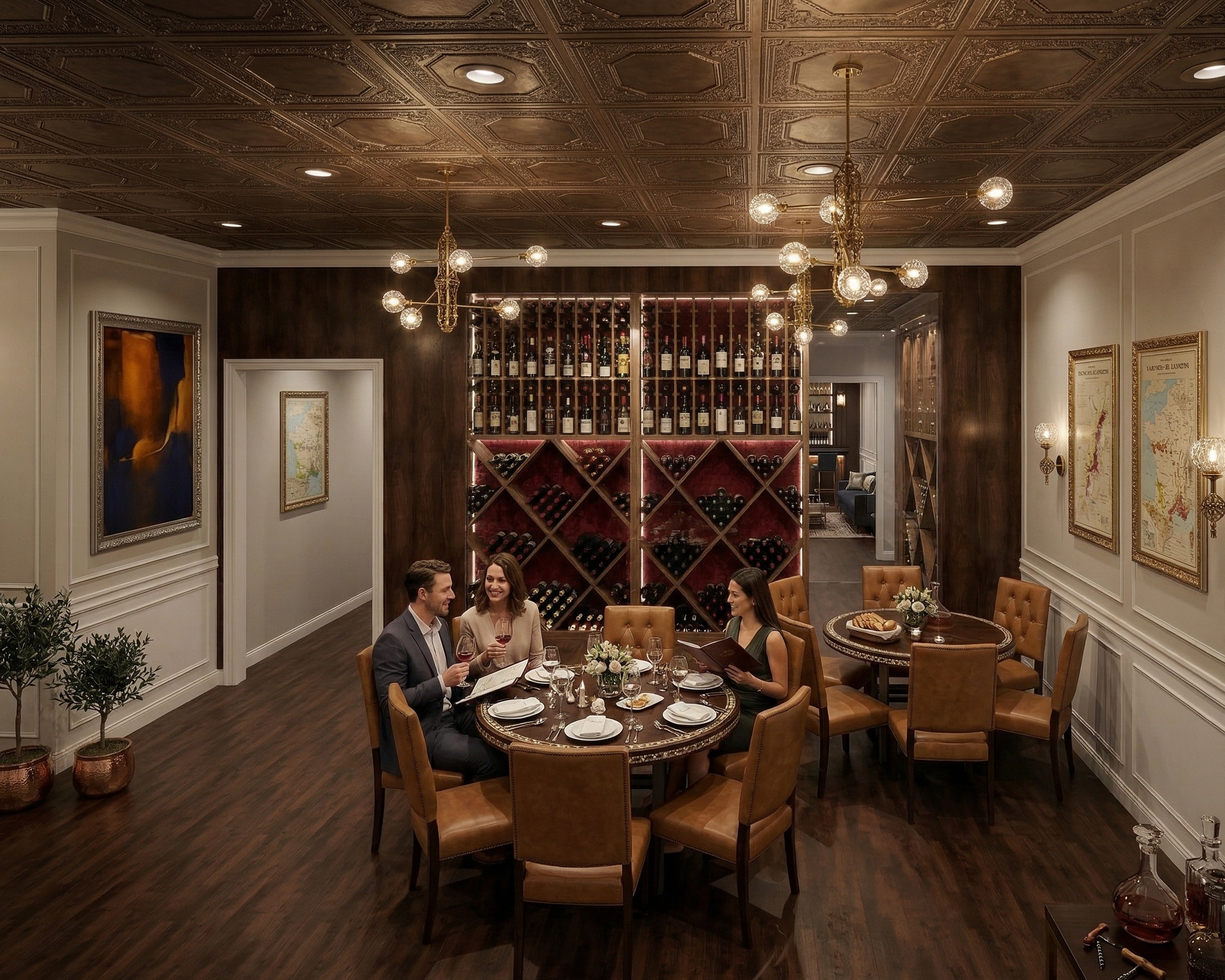 Three people sitting around a dining table in a cozy restaurant, engaging in conversation, with wine glasses and tableware, in front of a wine rack with bottles.