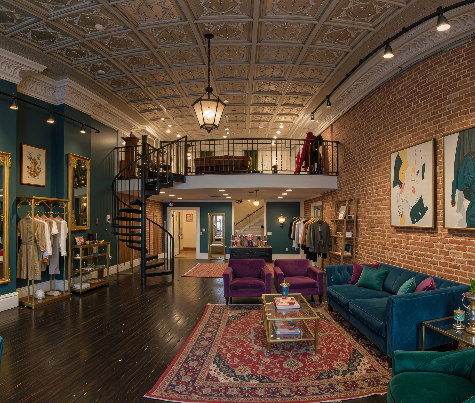 Interior of a boutique clothing store with dark wood floors, vintage-style ceiling, spiral staircase, paintings on brick wall, and seating area with velvet sofas and armchairs, with clothing displays along walls.