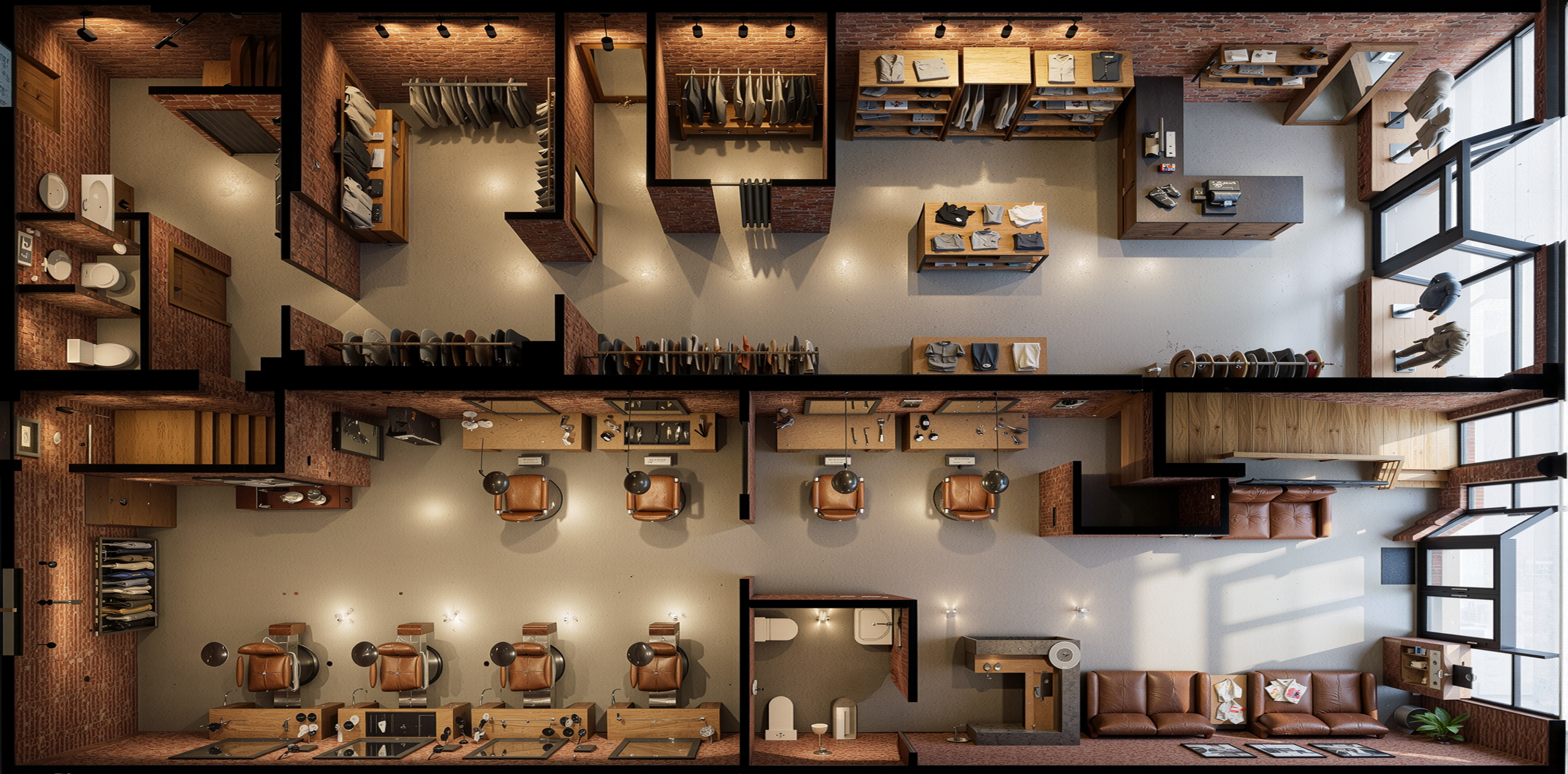 Top-down view of a retail gym or barber shop with lockers, chairs, sinks, and a waiting area, featuring brick walls, large windows with sunlight, and various furniture and equipment.