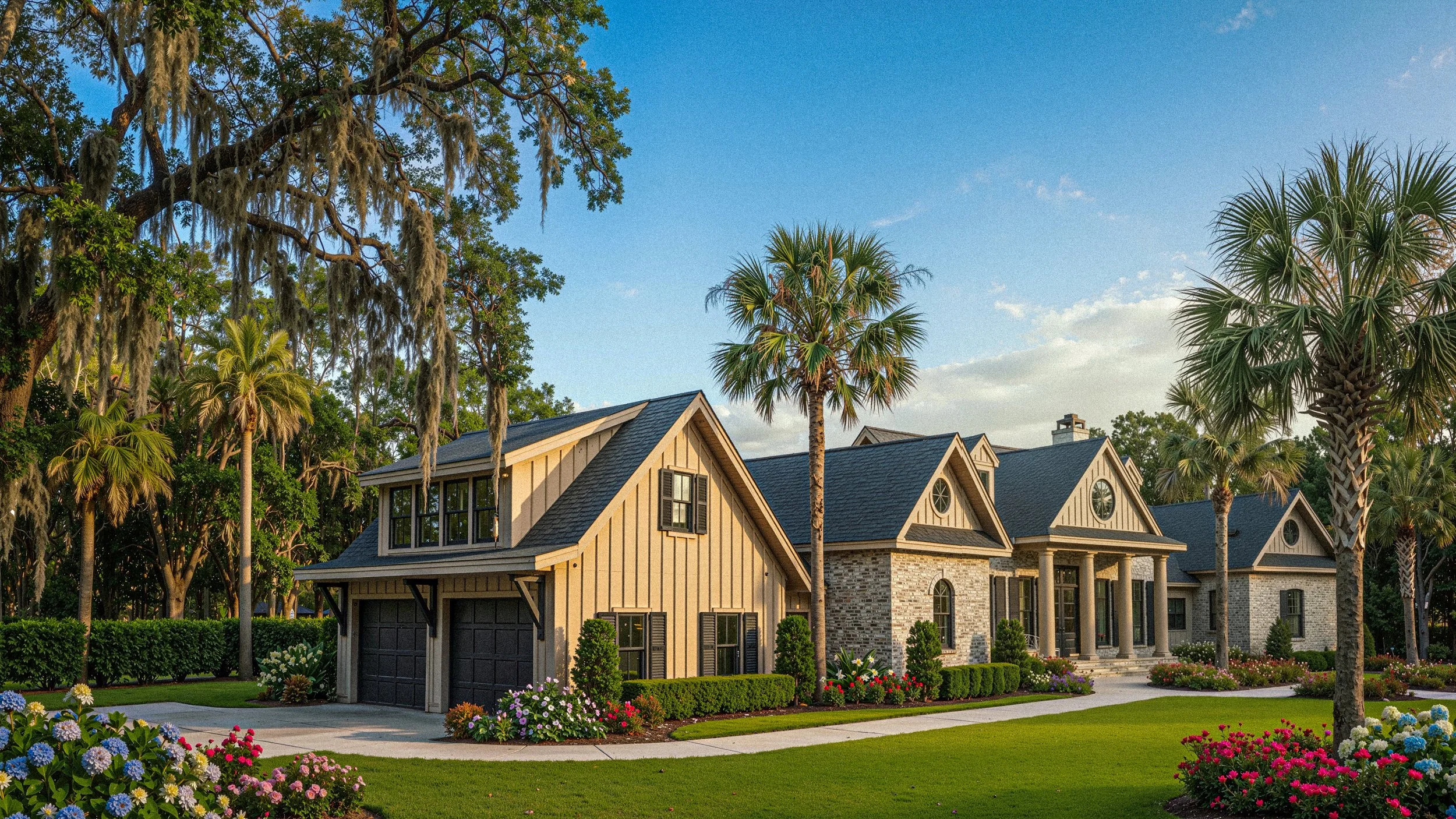 A large house with beige siding, gray roof, and stone accents, surrounded by palm trees, flowering shrubs, and a lush green lawn, with a clear blue sky in the background.