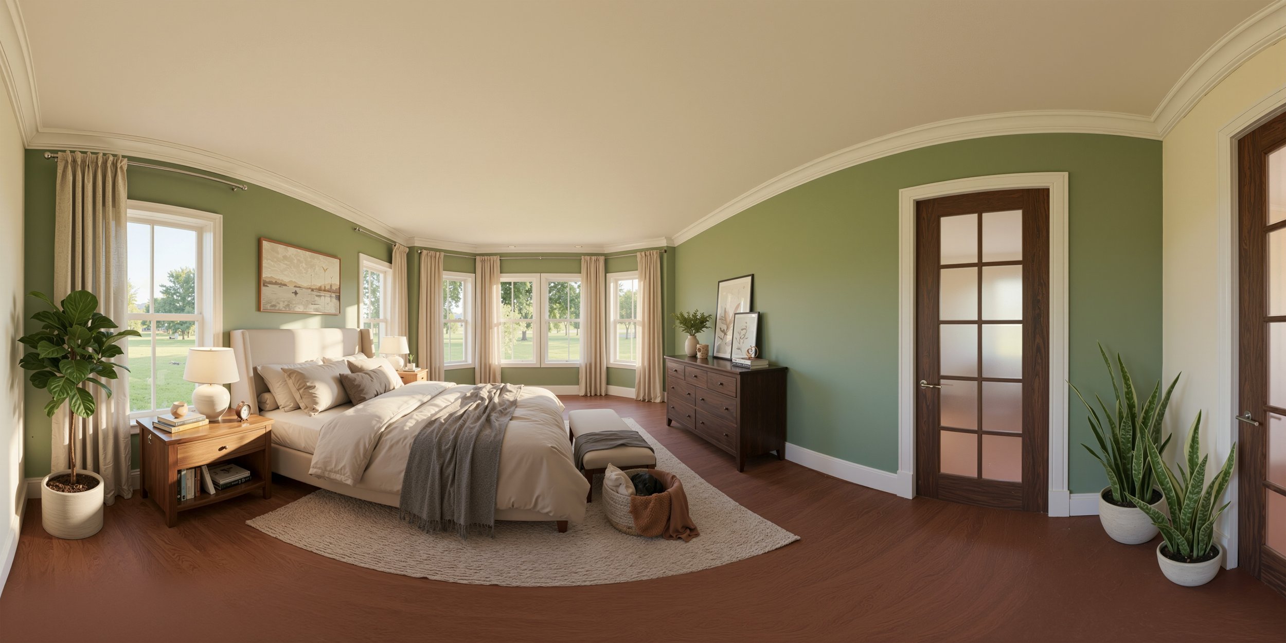 Spacious bedroom with green walls, large windows with cream curtains, wooden furniture, and hardwood floors, decorated with plants and framed artwork.