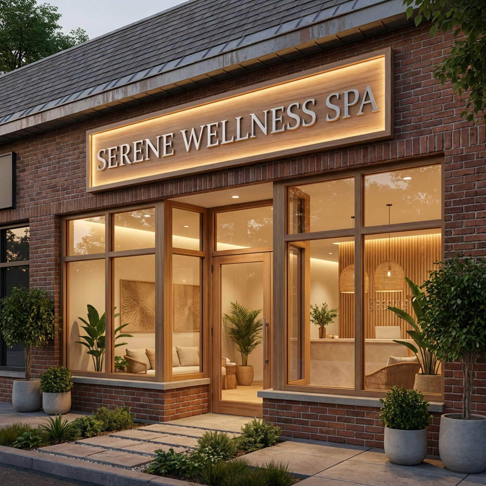 Exterior of a wellness spa with a brick facade, large glass windows, and a sign that reads 'Serene Wellness Spa' illuminated at dusk. Inside, a stylish reception area with warm lighting, indoor plants, and cozy seating is visible.