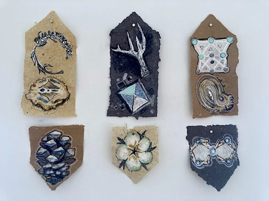 Material Portraits
recycled paper, hair, bark, corn husks, cardboard, Japanese Knotweed, egg shells, titanium dioxide, charcoal, walnut shells, copper carbonate, and indigo.