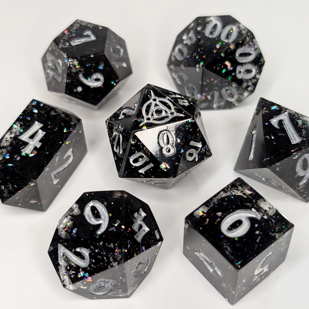 Black Holo Flake - 7 Piece Logo Dice Set — Daedalian Dice