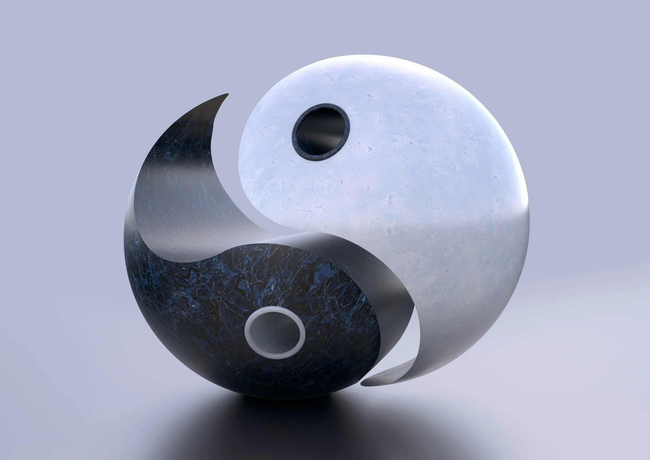 Sculpture resembling a yin-yang symbol with cracked white and dark blue marble textures, and circular openings.