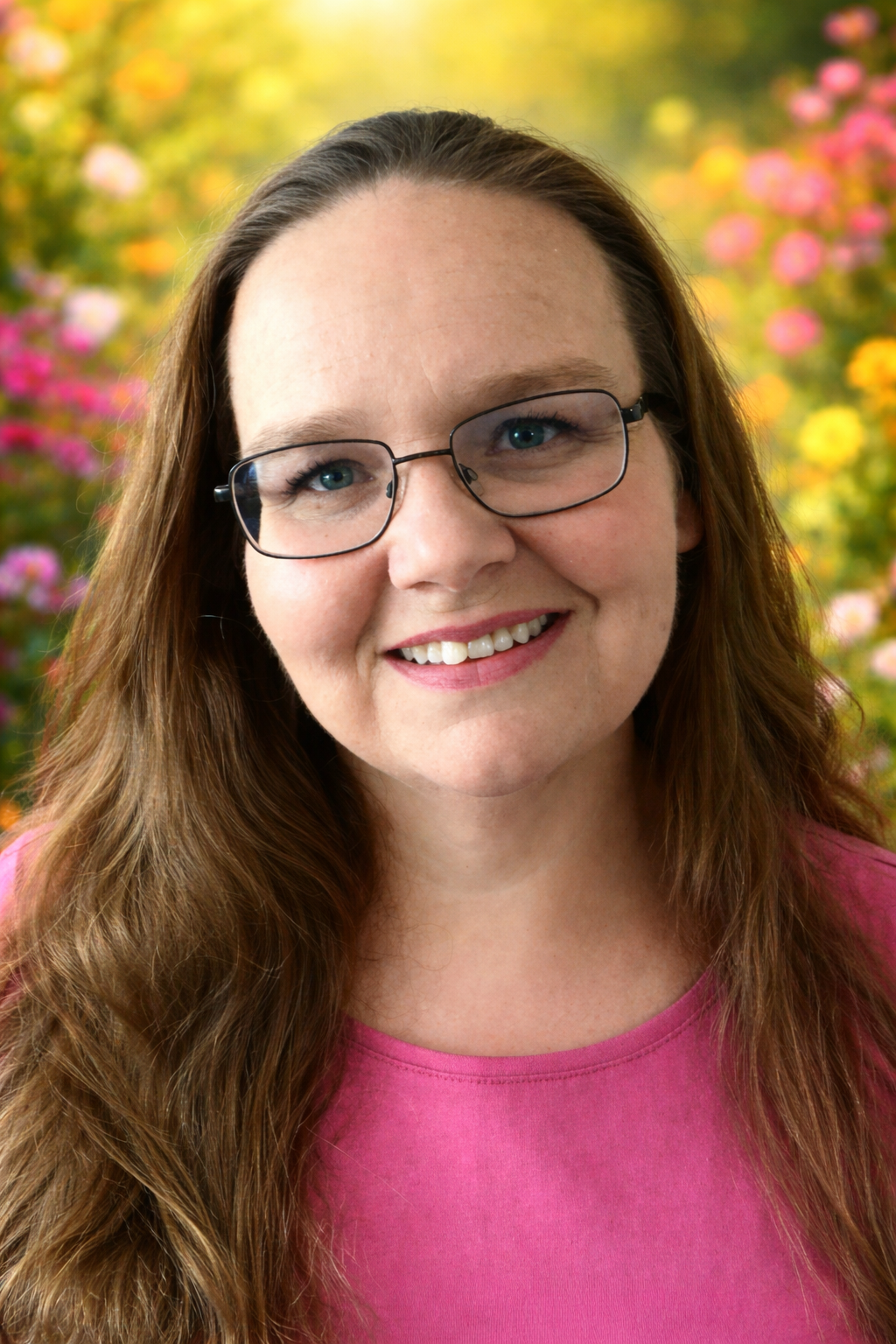A woman with long brown hair and glasses smiling, with a colorful, blurry garden background of flowers and greenery.
