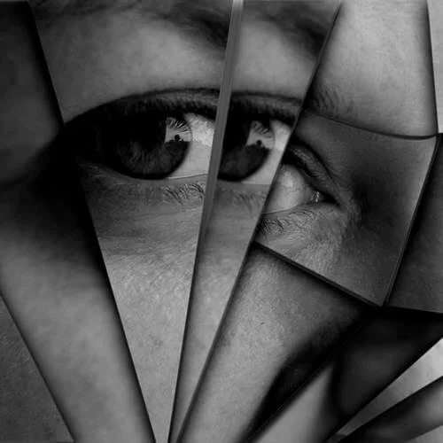 Close-up of a person's eye and part of their face, sliced into multiple layers creating a fragmented effect in black and white.