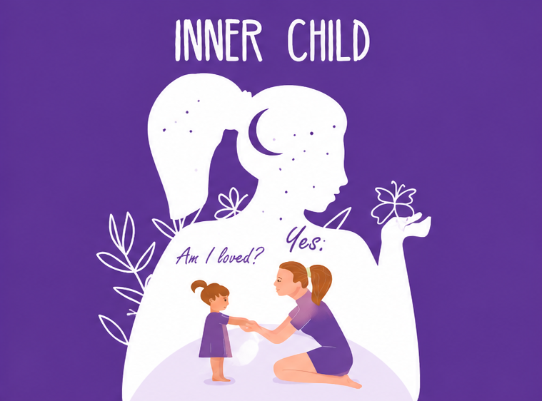 Illustration of a girl and woman with the questions 'Am I loved?' and 'Yes:' showcasing inner child connection, with a purple background.
