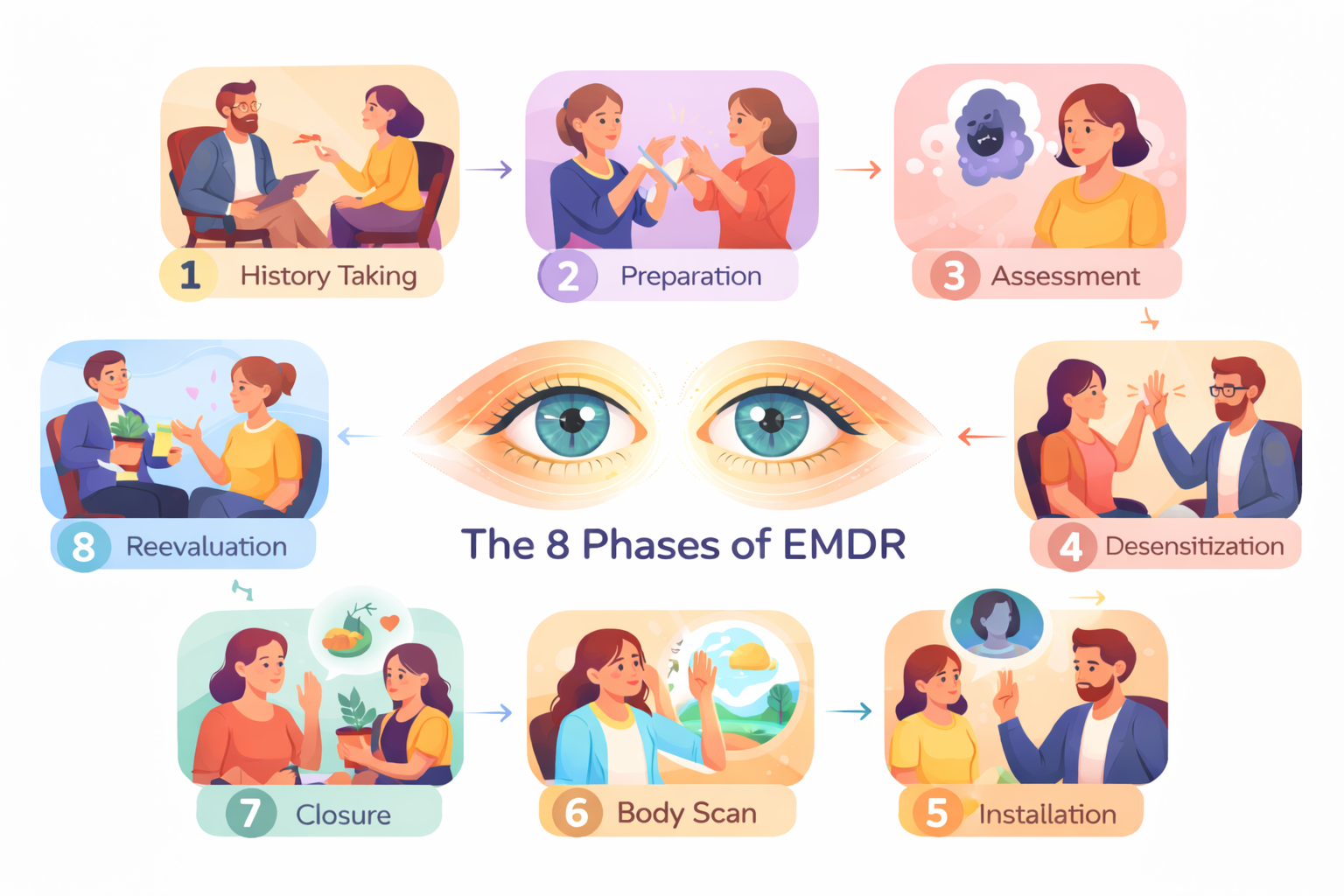 An infographic illustrating the 8 phases of EMDR therapy, with labeled visuals for each phase: 1. History Taking with a therapist and patient, 2. Preparation with two women, 3. Assessment with a woman and clouds in her mind, 4. Desensitization with a woman and a man high-fiving, 5. Installation with a woman and a man talking, 6. Body Scan with a woman visualizing, 7. Closure with two women exchanging an item, 8. Revaluation with a woman and therapist discussing therapy.