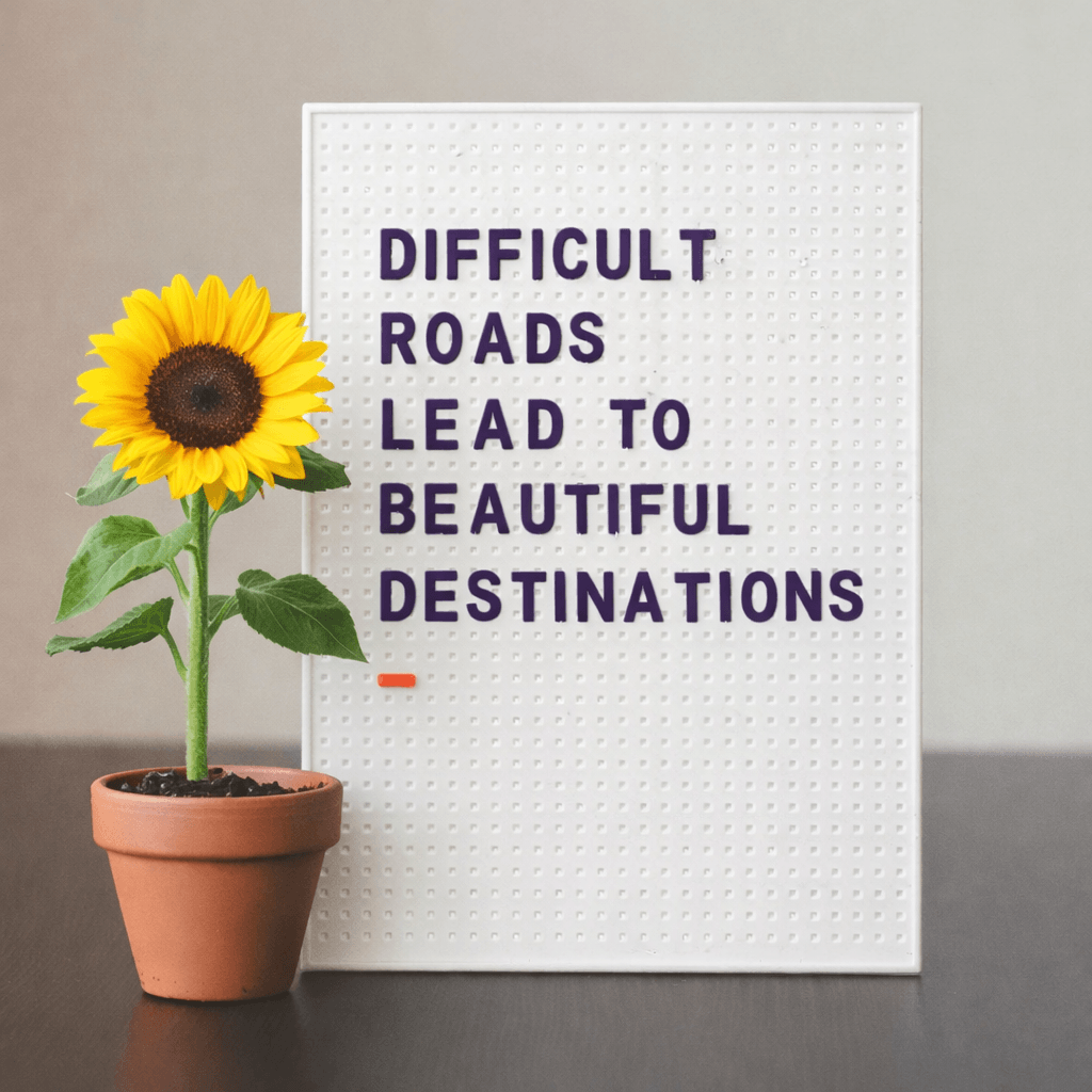 A potted sunflower plant next to a white board with the quote 'Difficult roads lead to beautiful destinations' in purple letters.