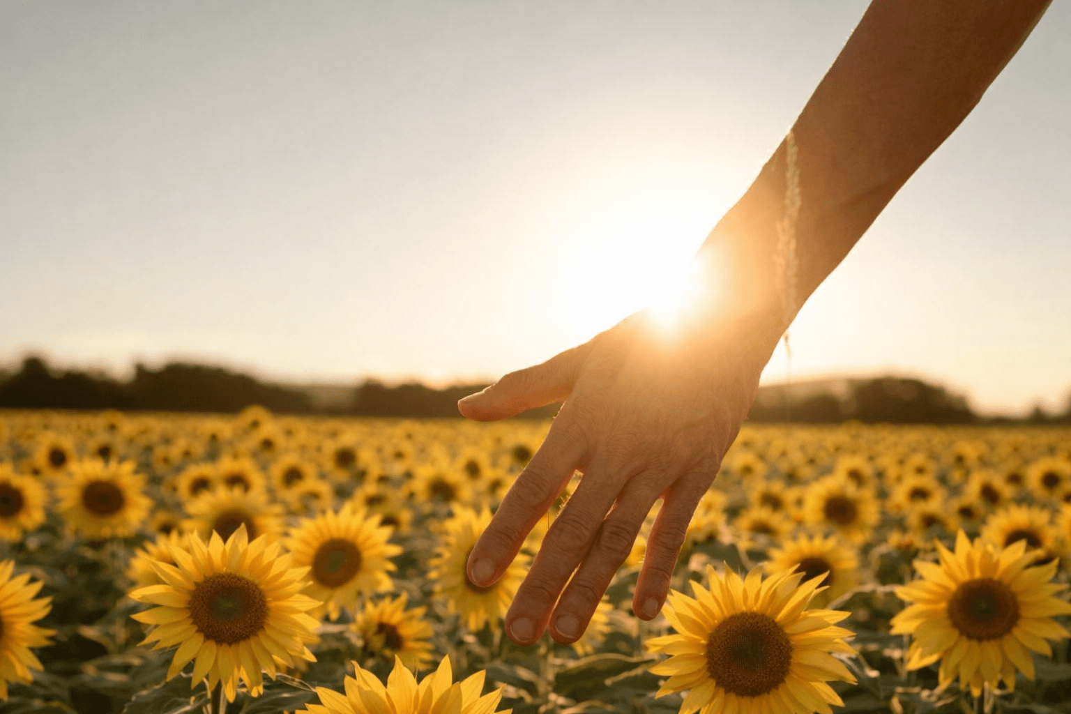 A person's hand reaching out over a sunflower field at sunset with the sun setting behind the hand.