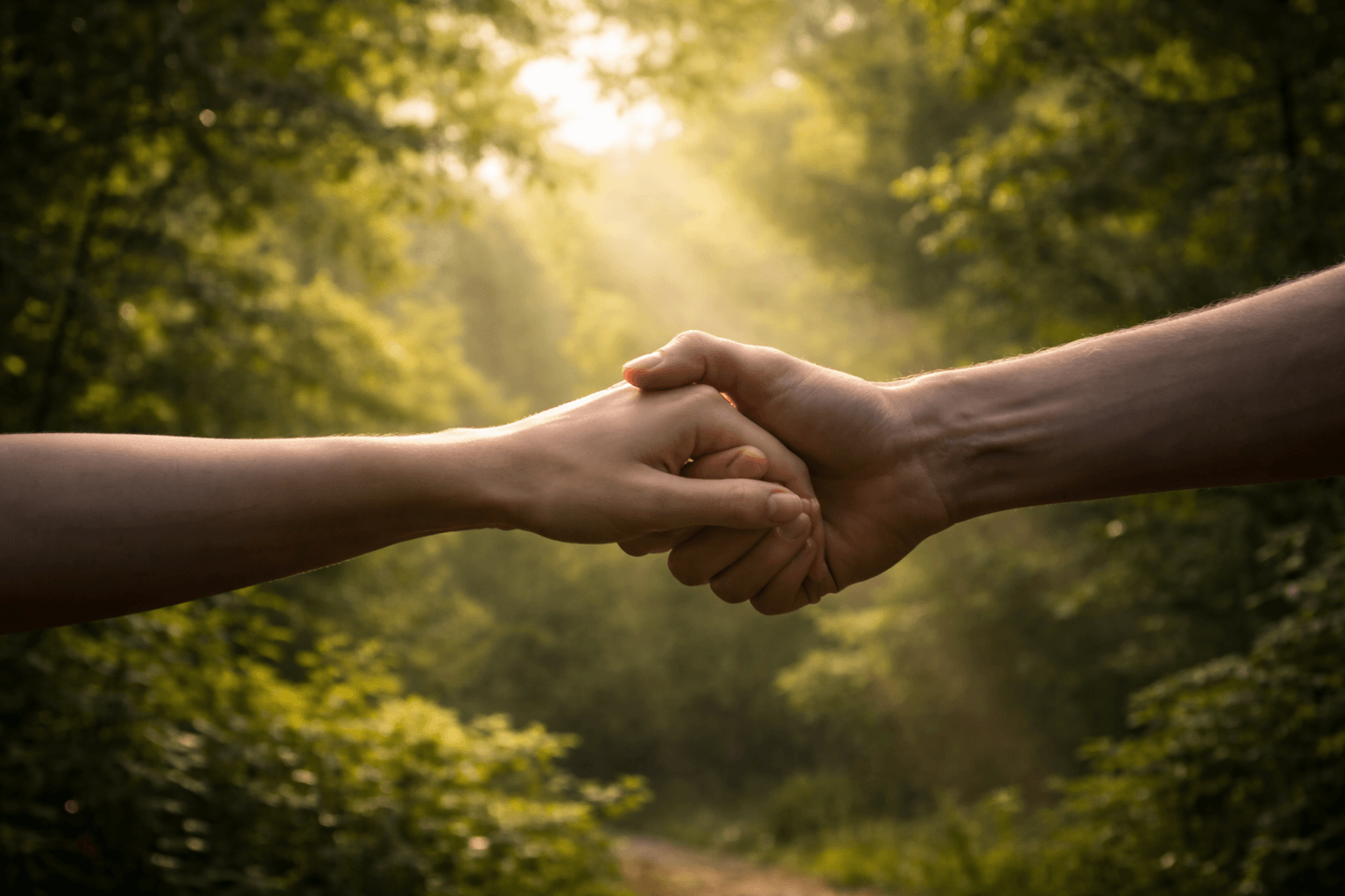 Two people holding hands in a handshake outdoors in a forested area with sunlight.