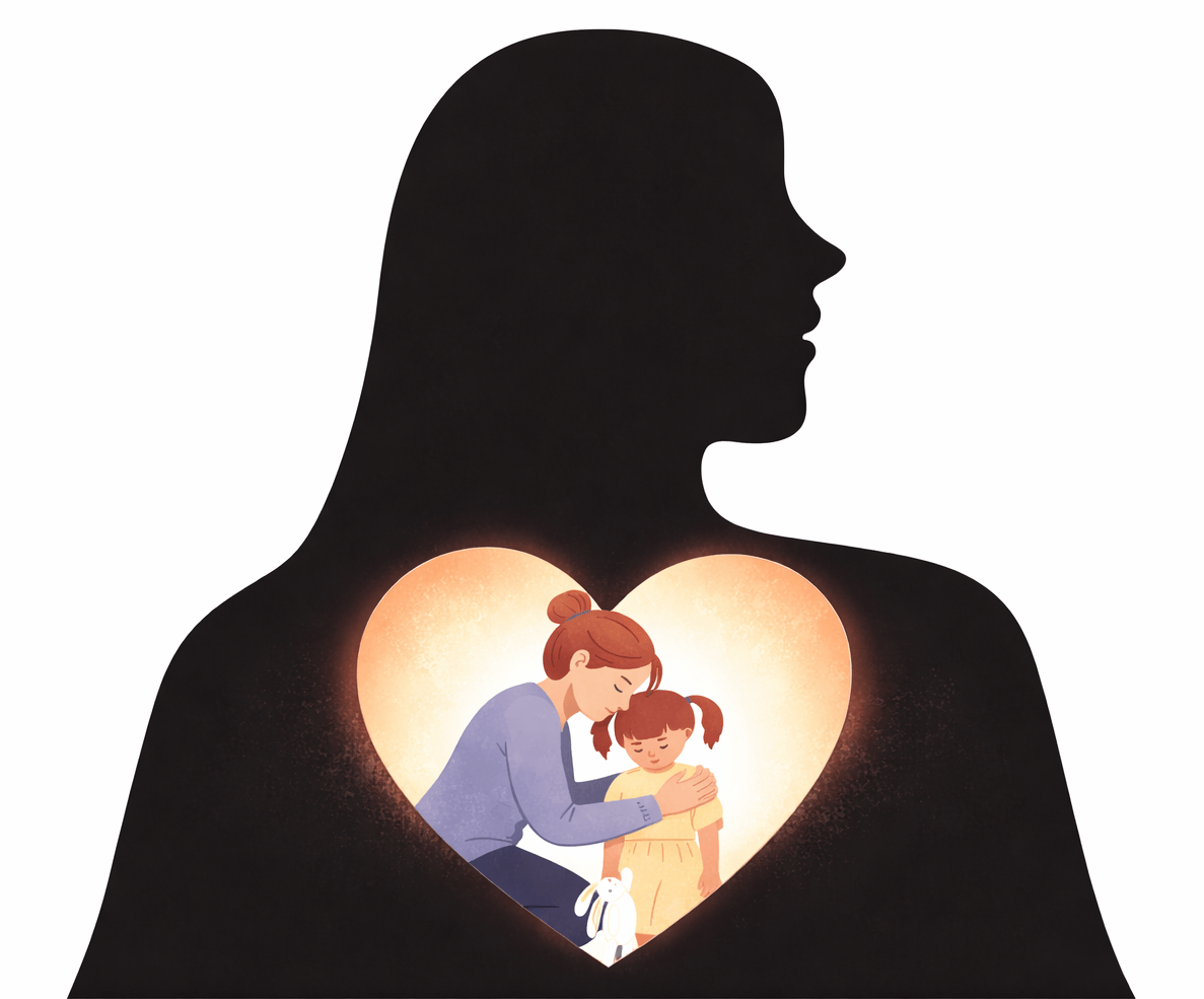 Silhouette of a woman with a glowing heart-shaped area inside, showing a woman hugging a young girl inside the heart.