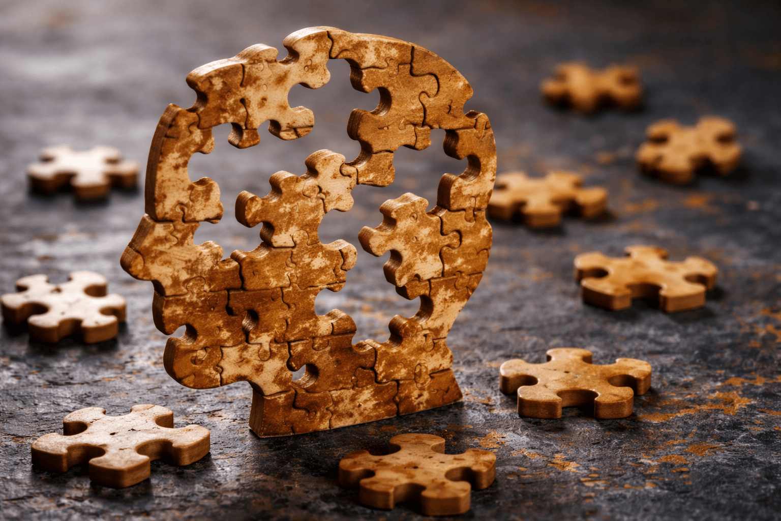 A wooden jigsaw puzzle piece shaped like a human brain, with other puzzle pieces scattered on a dark textured surface.
