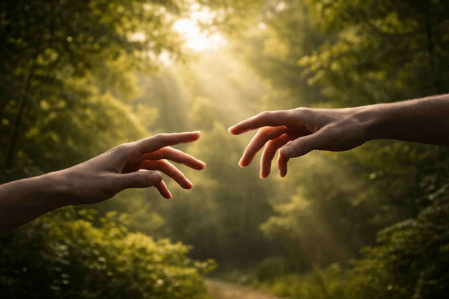 Two hands reaching towards each other in a forest with sunlight shining through trees.