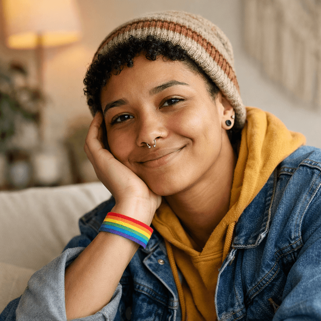 A smiling non-binary person with short curly hair, wearing a rainbow wristband, septum piercing, earrings, a yellow hoodie, and a denim jacket, resting her face on her hand indoors.
