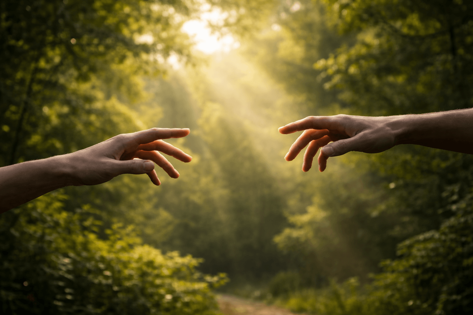 Two hands reaching towards each other in a forest with sunlight shining through the trees.