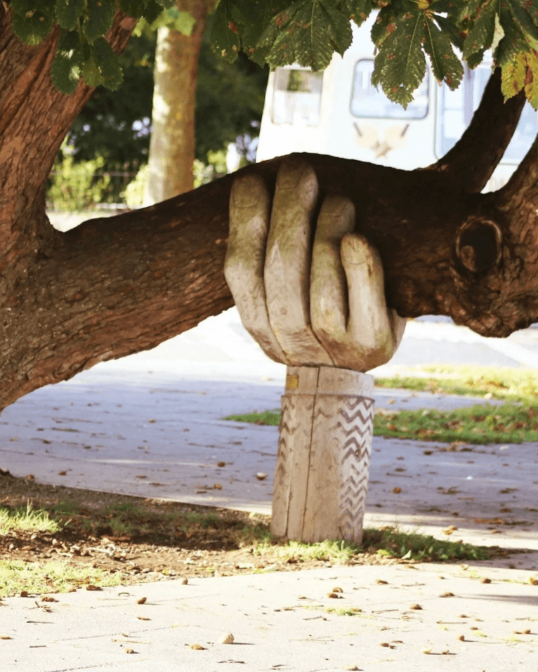 A tree with a carved hand holding onto a large branch, with a patterned carved base, in an outdoor setting with grass and pavement.