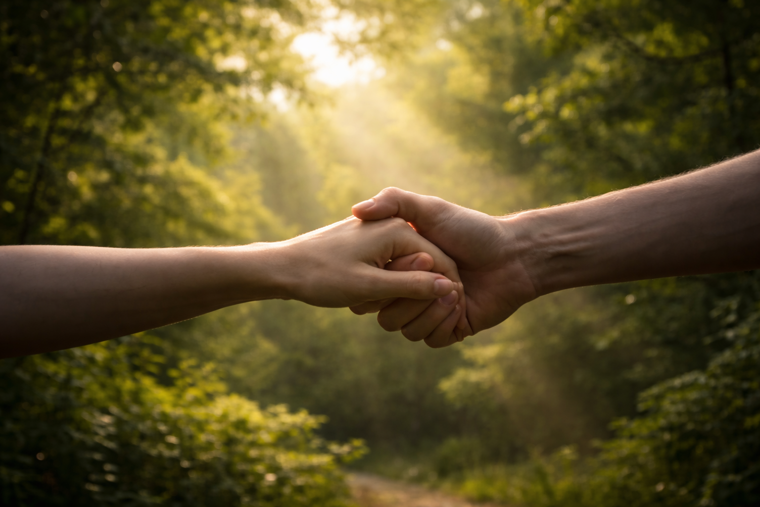Two people holding hands in a handshake outdoors during daytime with sunlight filtering through trees in the background.