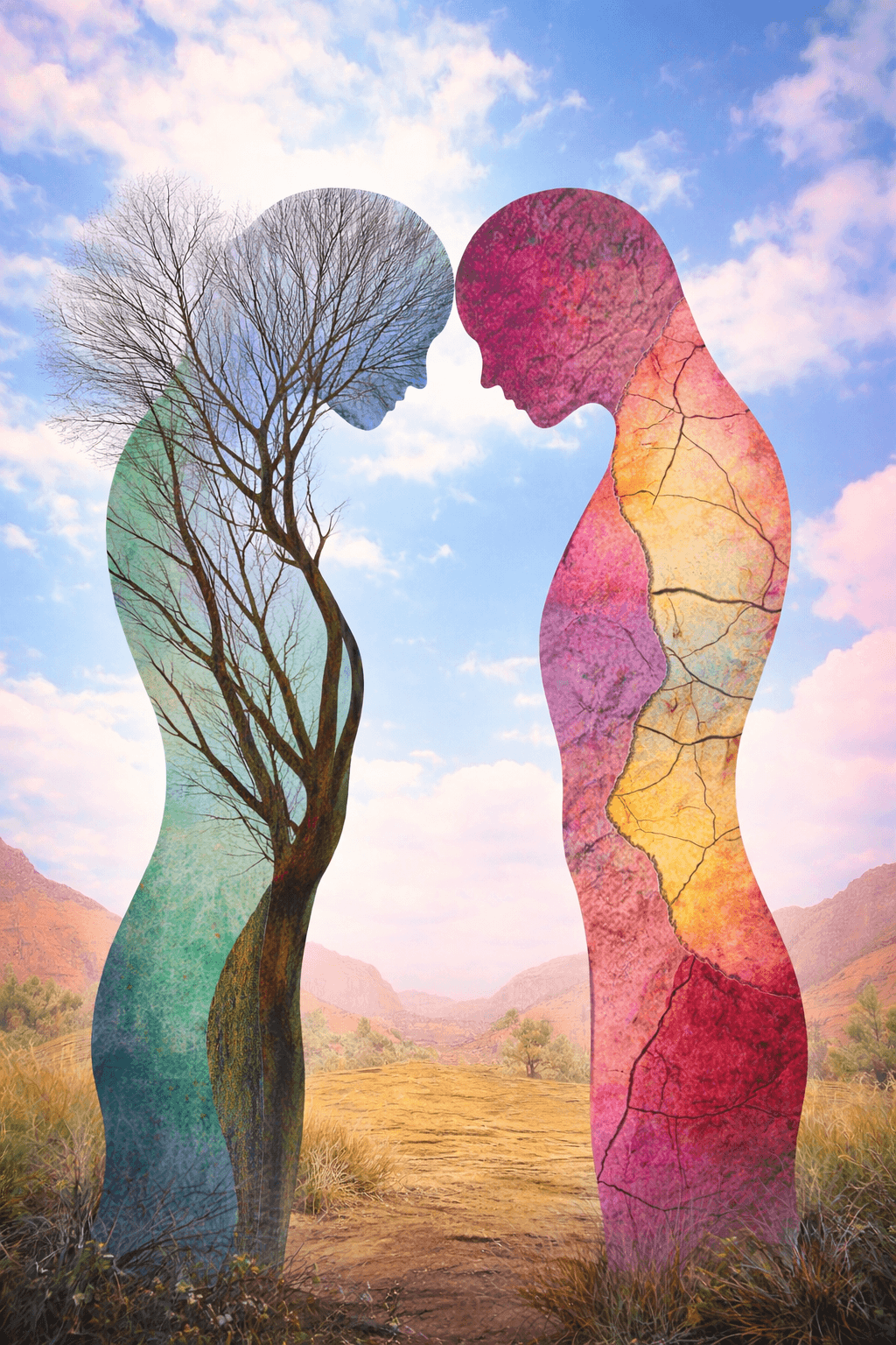 Artistic depiction of two human profiles facing each other, with one profile filled with tree branches and the other with a cracked, textured surface, set against a desert landscape with mountains and a colorful sky.