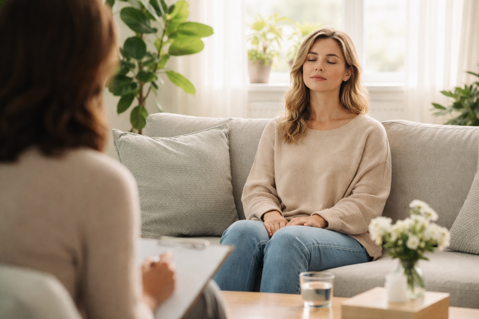 A woman with wavy blonde hair and a beige sweater sitting on a light gray couch during therapy session or counseling, with a therapist taking notes in a notepad, in a bright room with large windows and potted plants.