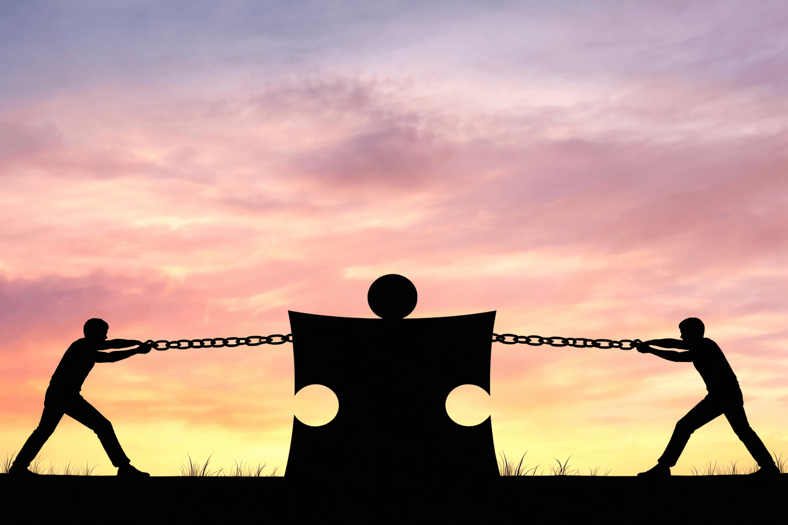 Silhouettes of two people pulling on a chain connecting two puzzle pieces, with a sunset sky in the background.