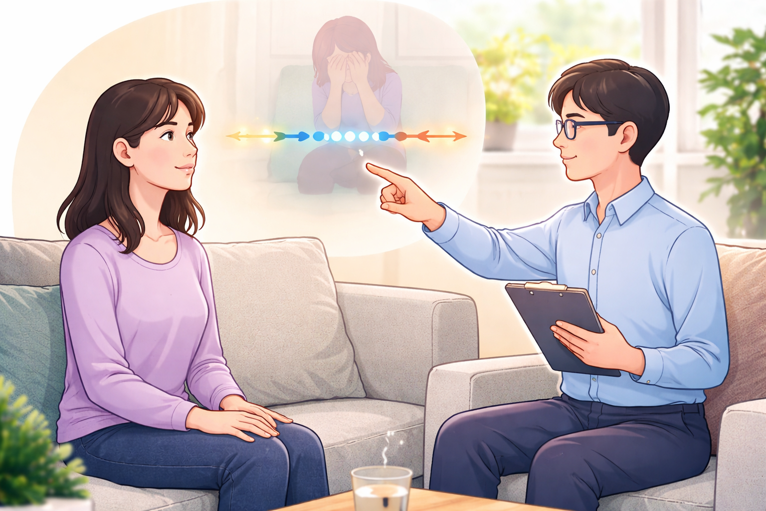 A therapist and a woman sitting on a sofa with a mental health visualization in the background, during a therapy session at home.