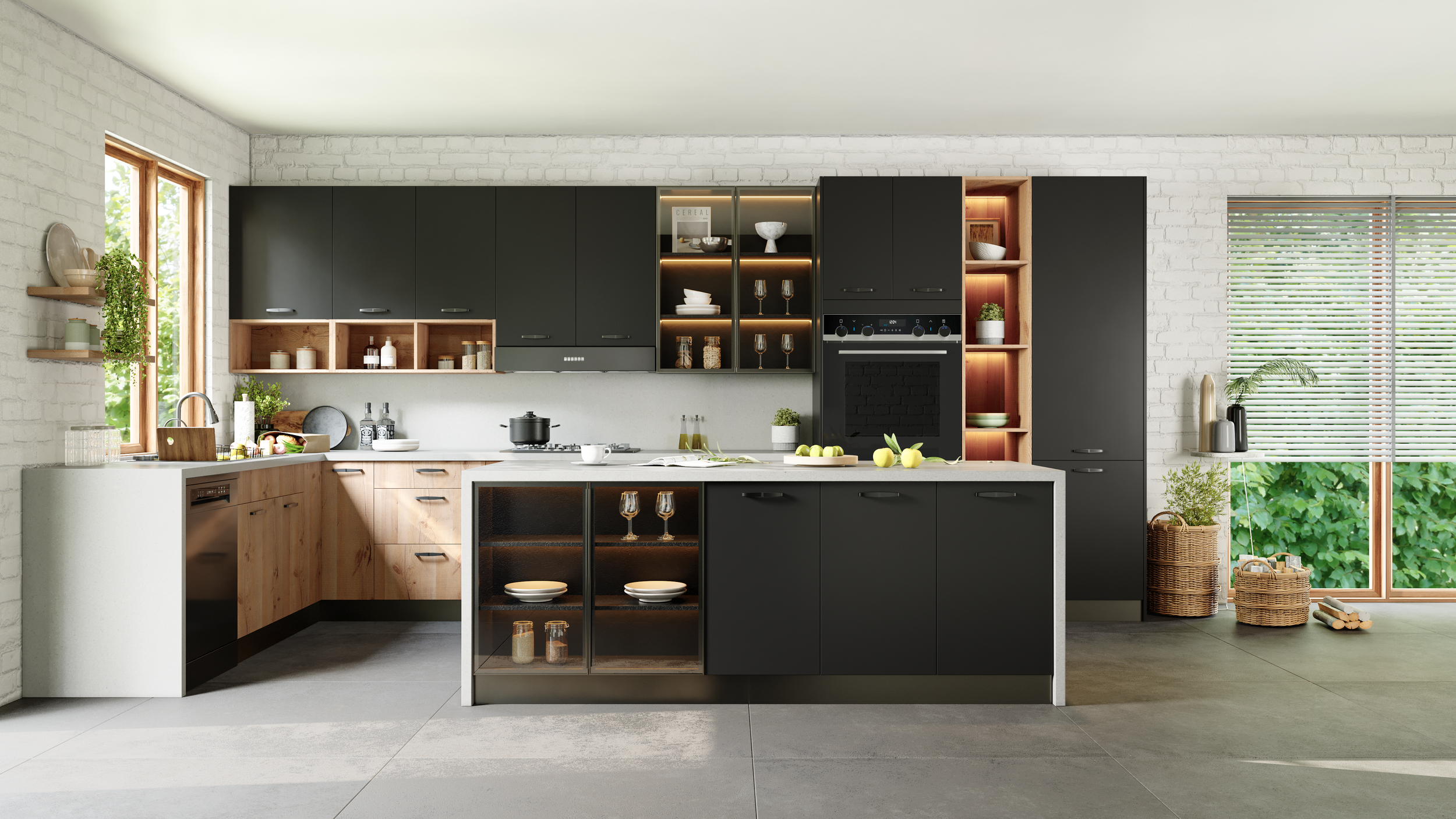 Modern kitchen with black and wooden cabinets, white countertop, open shelves, and large windows showing green outdoor scenery.