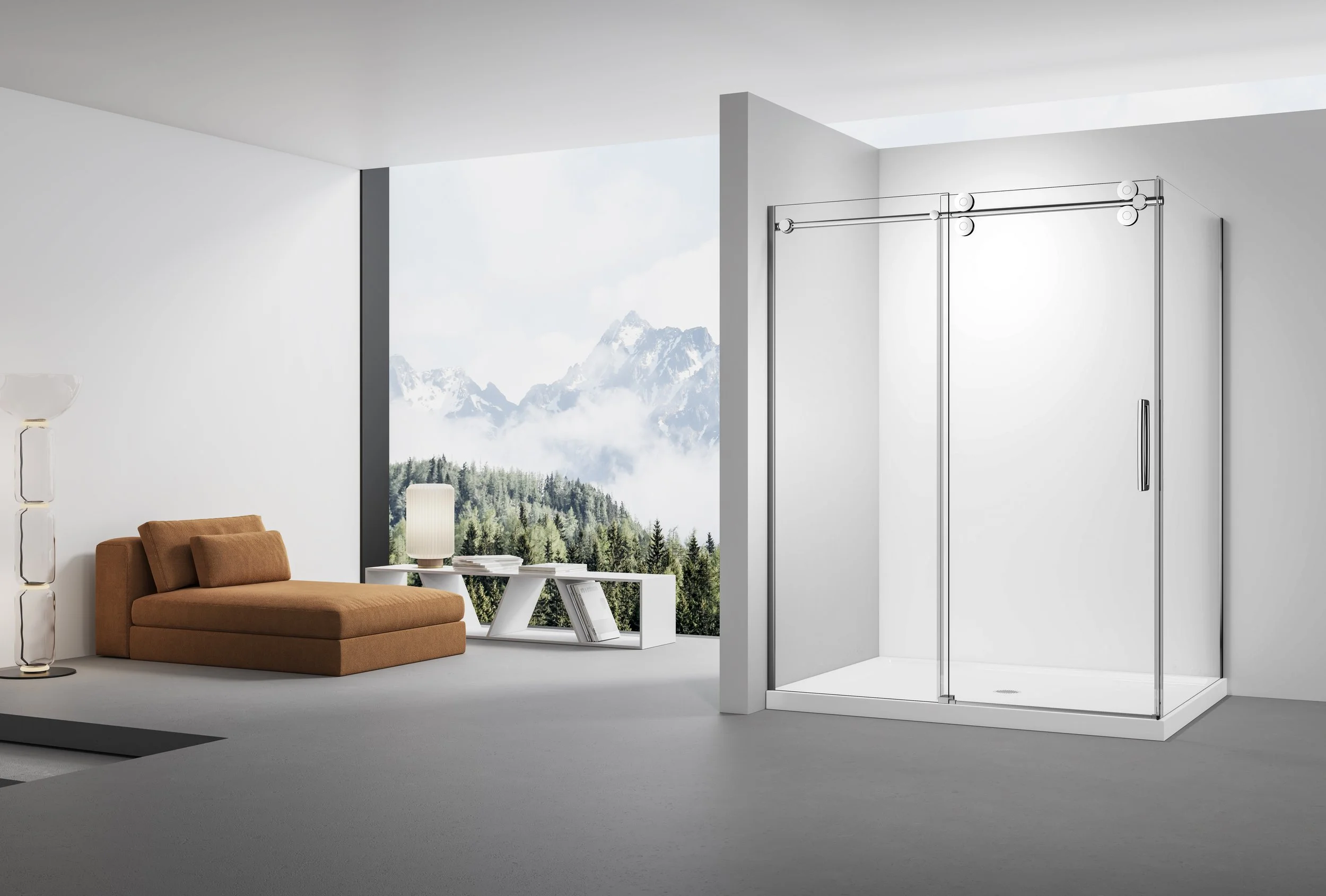 Modern room with a brown chaise lounge, white side table, white floor lamp, large window showing mountain and forest view, and a glass shower enclosure.
