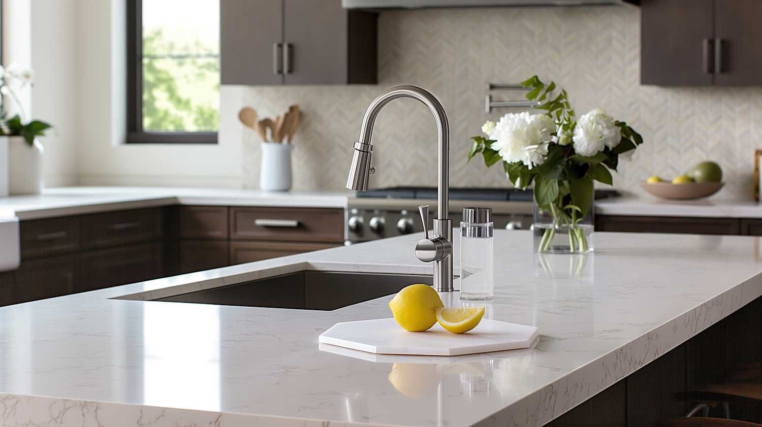 Modern kitchen with a white marble countertop, a stainless steel faucet, a black sink, a lemon and lemon wedge on a white cutting board, and a vase of white flowers.