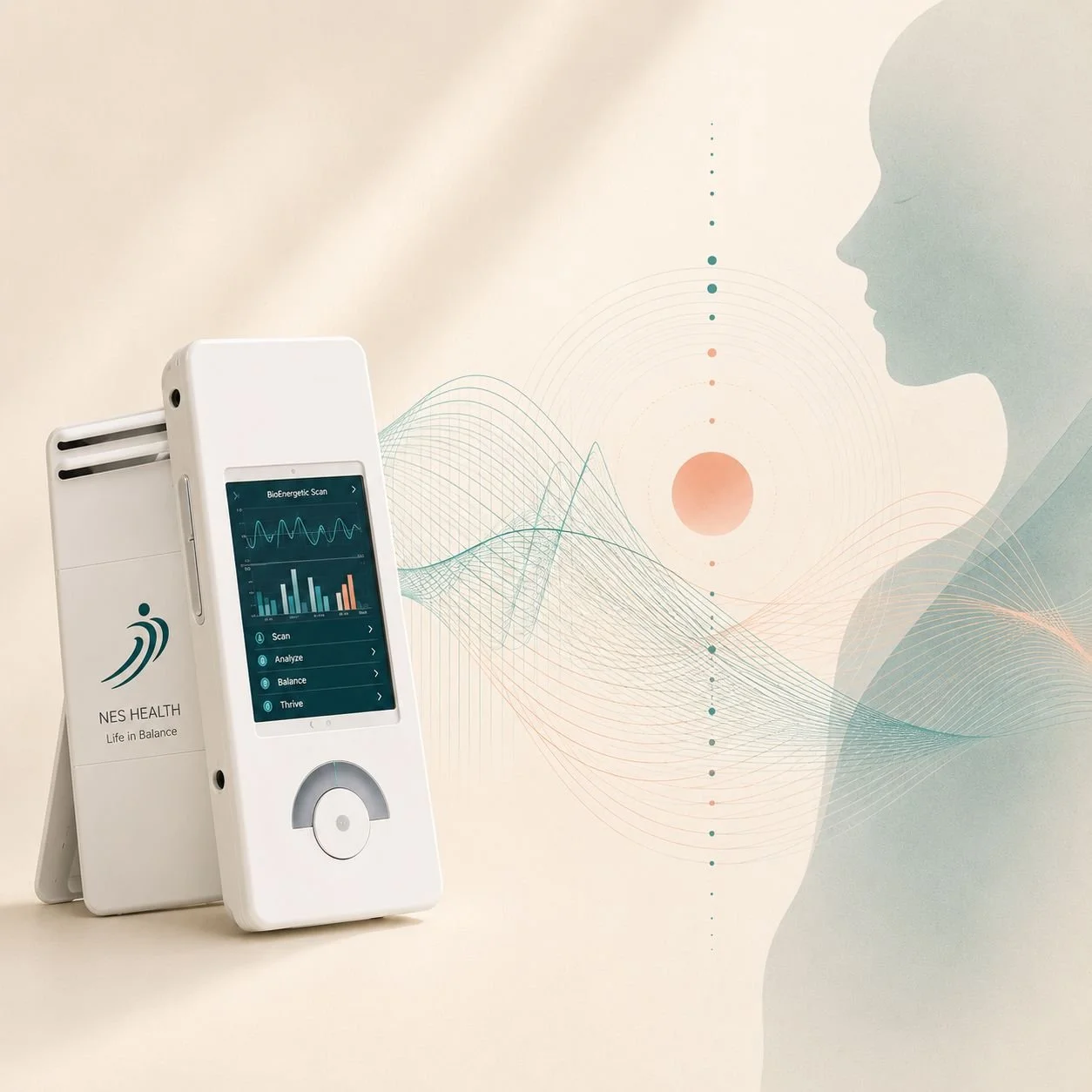 Illustration of NES Health Bioenergetic Scanning with abstract bioenergetic patterns