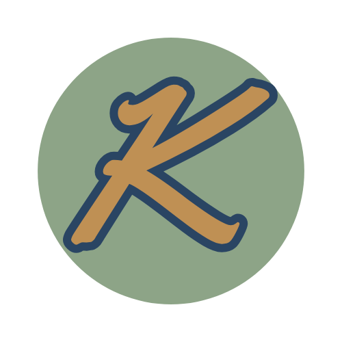 Stylized letter 'K' in brown outlined in dark blue on a light green circular background.