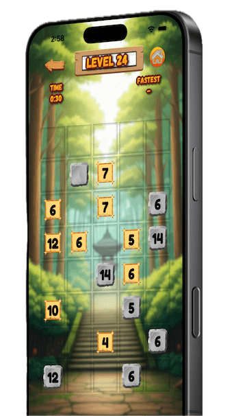 Mobile phone displaying a puzzle game with a forest background, showing blocks with numbers and missing blocks, and a level indicator as Level 24.