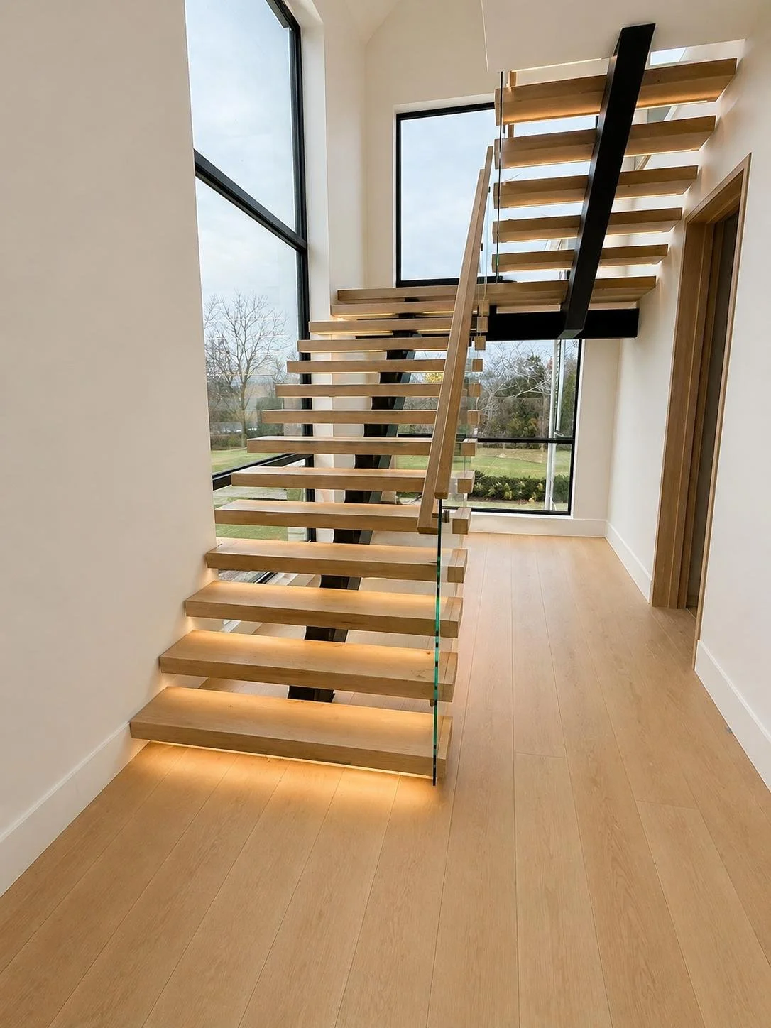 Modern interior staircase with wooden steps, glass railing, and large windows showing an outdoor landscape with trees and grass.