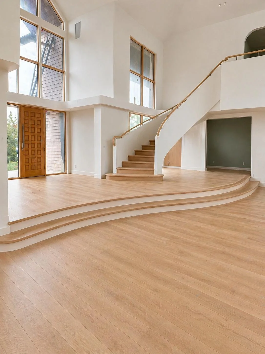 Empty modern interior with wooden staircase, light wood flooring, and large windows letting in natural light.