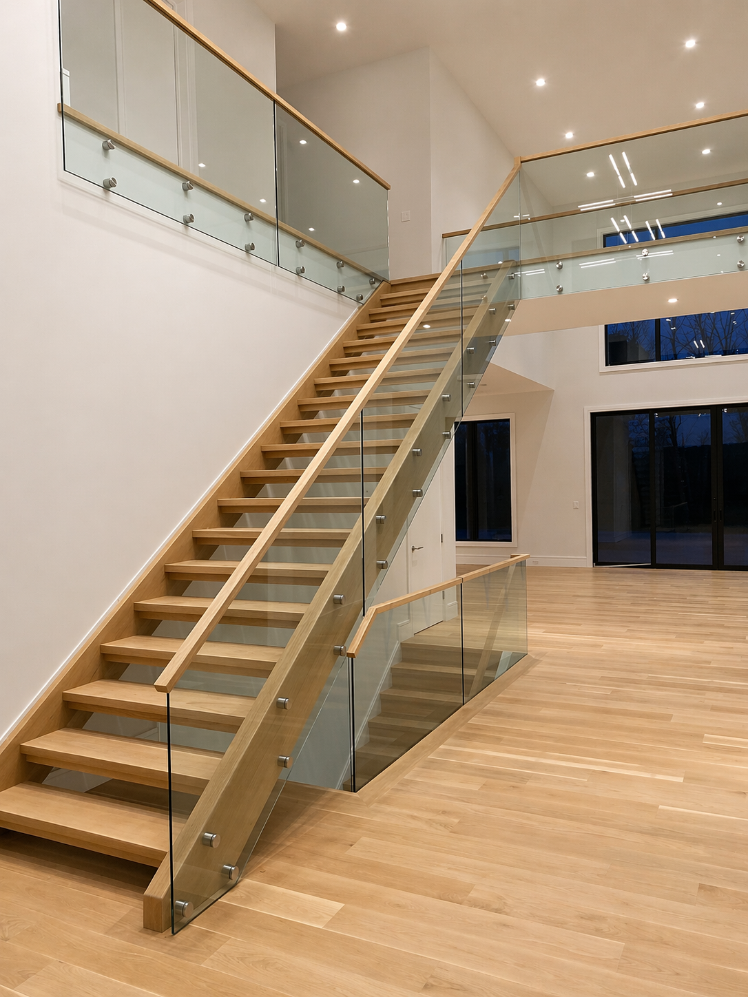 Interior view of a modern home featuring a wooden staircase with glass railings and a spacious, well-lit room with large windows and a sliding glass door.