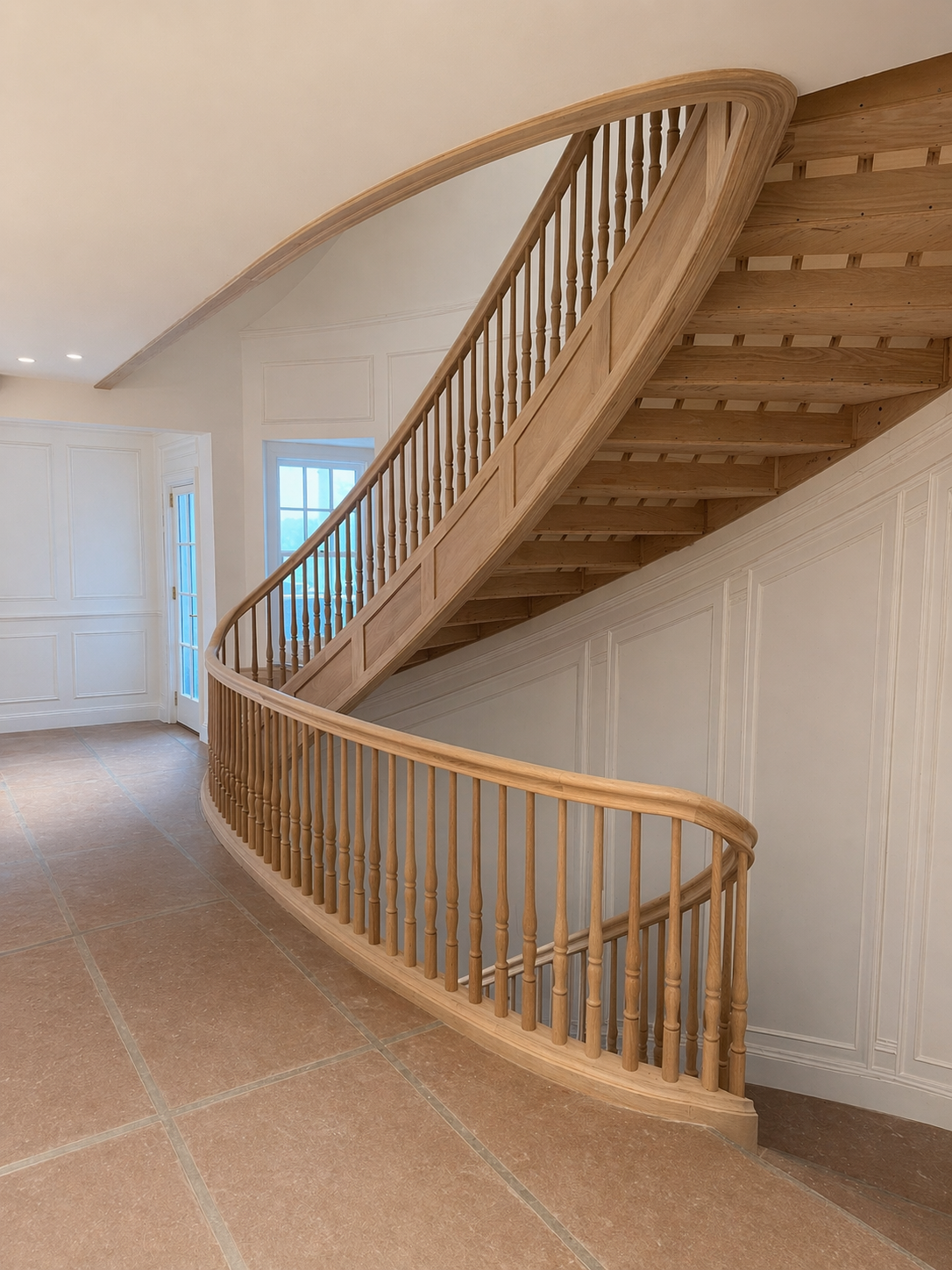Interior view of a curved wooden staircase with spindled railing in a house, beige tiled floor, white paneled walls, and a doorway with glass, near a window allowing natural light.