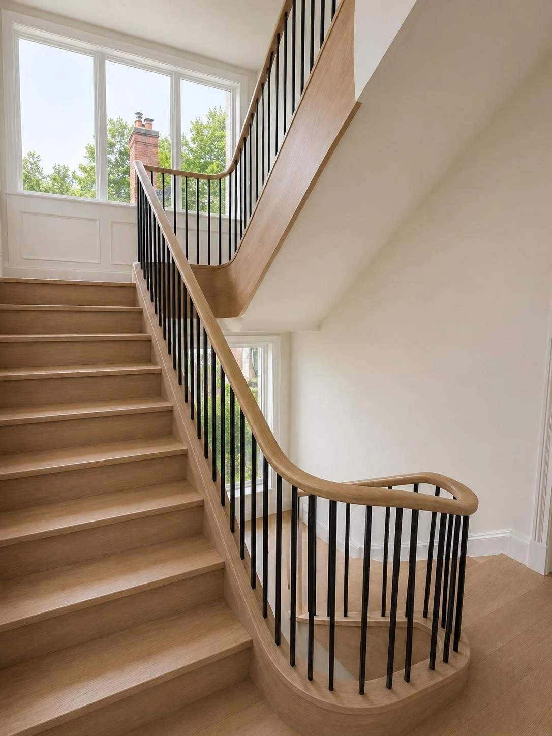 Interior view of a wooden staircase with black metal railings, leading to an upper floor with large windows showing green trees outside.